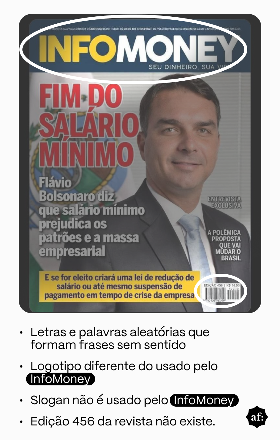 Análise que mostra a montagem simulando a capa de uma revista intitulada ‘InfoMoney’, com o slogan ‘Seu dinheiro, sua vida’ e um retrato do senador Flávio Bolsonaro — um homem branco, cabelos castanhos curtos e leve sorriso, vestindo um terno escuro, camisa branca e gravata azul clara, destacando inconsistências que reforçam que o conteúdo se trata de uma montagem, como frases sem sentido e logotipo diferente do original.