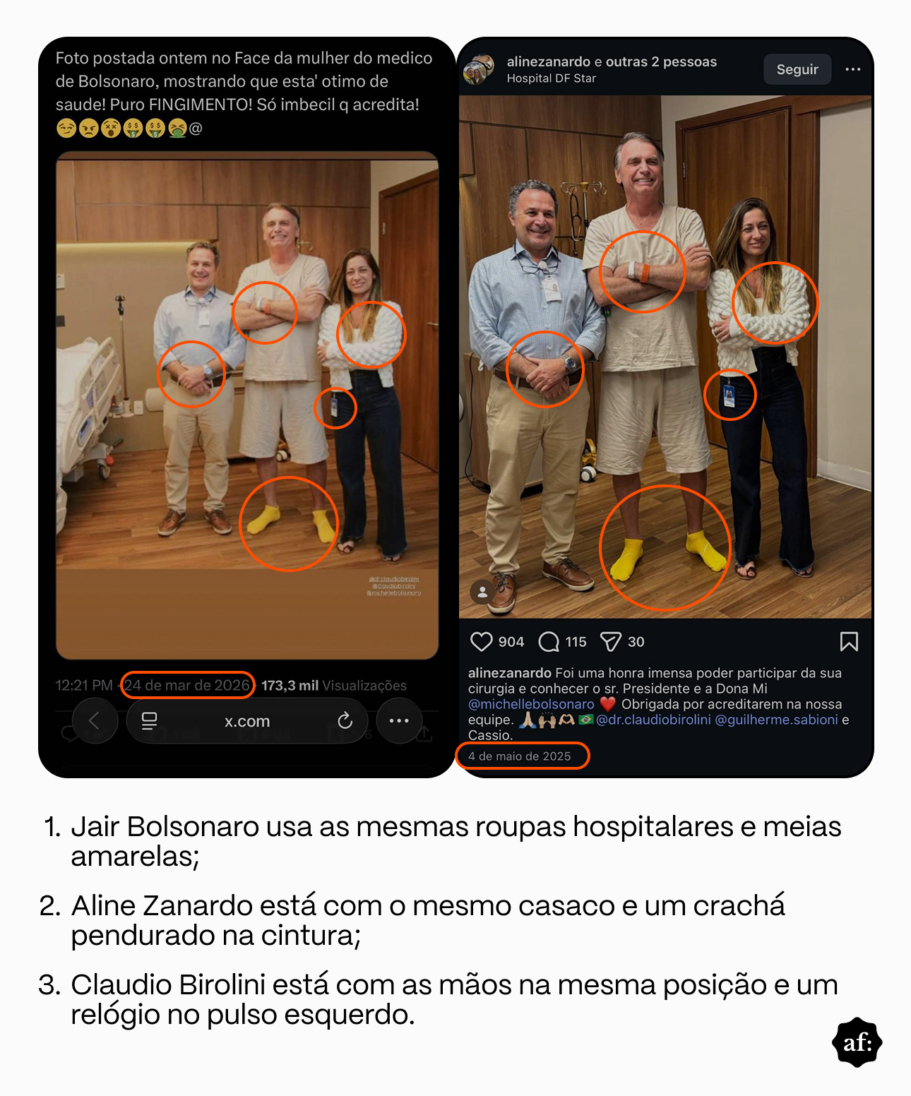 Imagem faz comparação entre a fotografia compartilhada fora de contexto nas redes e versão da mesma cena feita de outro ângulo. Ambas as imagens mostram o médico cirurgião Claudio Birolini — homem branco de cabelos escuros, usando uma camisa azul claro, calça bege e sapatênis —, Jair Bolsonaro (PL) — homem branco, cabelos grisalhos, usando uma roupa hospitalar bege e meias amarelas — e a instrumentalista cirúrgica Aline Zanardo — mulher branca, de cabelos longos castanhos com luzes loiras, que usa uma jaqueta branca e calça jeans. Todos estão sorrindo e de braços cruzados em um quarto de hospital com portas, móveis e chão de madeira, mas a primeira imagem foi tirada de um ângulo mais à direita do que a segunda. A comparação leva uma legenda que diz:  Jair Bolsonaro usa as mesmas roupas hospitalares e meias amarelas; Aline Zanardo está com o mesmo casaco e um crachá pendurado na cintura; Claudio Birolini está com as mãos na mesma posição e um relógio no pulso esquerdo.
