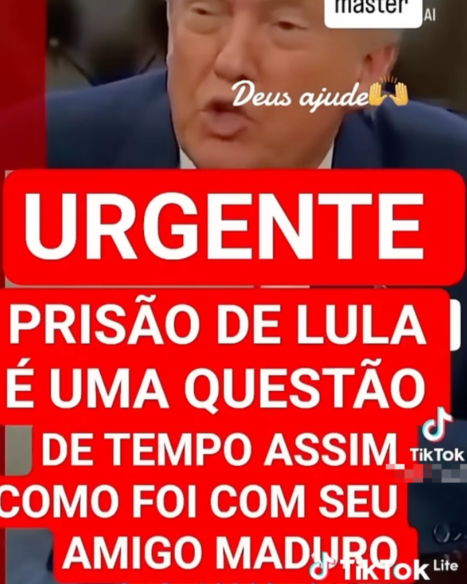 Publicação no TikTok mostra o presidente dos Estados Unidos, Donald Trump — homem branco de cabelos loiros, que usa terno azul e camisa branca. Sobre a imagem, está escrito: ‘URGENTE. PRISÃO DE LULA É UMA QUESTÃO DE TEMPO, ASSIM COMO FOI COM SEU AMIGO MADURO’.