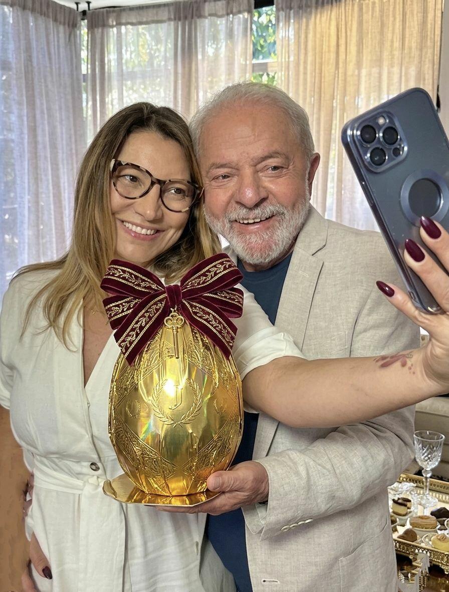 A imagem mostra Lula e Janja em pé, próximas uma da outra, sorrindo enquanto tiram uma foto com um celular. Ela segura o telefone com a mão estendida para frente, capturando a selfie. Lula, à direita, tem cabelos curtos e grisalhos, barba branca e veste uma camisa azul sob um blazer claro. Janja, à esquersa, tem cabelos longos e castanhos, usa óculos de armação escura e veste um vestido claro com botões na parte frontal. Ambas seguram juntas um grande objeto em formato de ovo, de cor dourada, com detalhes decorativos e um laço vermelho na parte superior. O objeto está apoiado sobre uma base e é segurado com as duas mãos na altura do peito. Ao fundo, há cortinas claras que deixam passar a luz do dia. À direita da imagem, sobre uma mesa, aparecem pratos com doces e uma taça de vidro. A mão que segura o celular tem unhas pintadas de cor escura e aparece em primeiro plano, parcialmente à frente das duas pessoas.