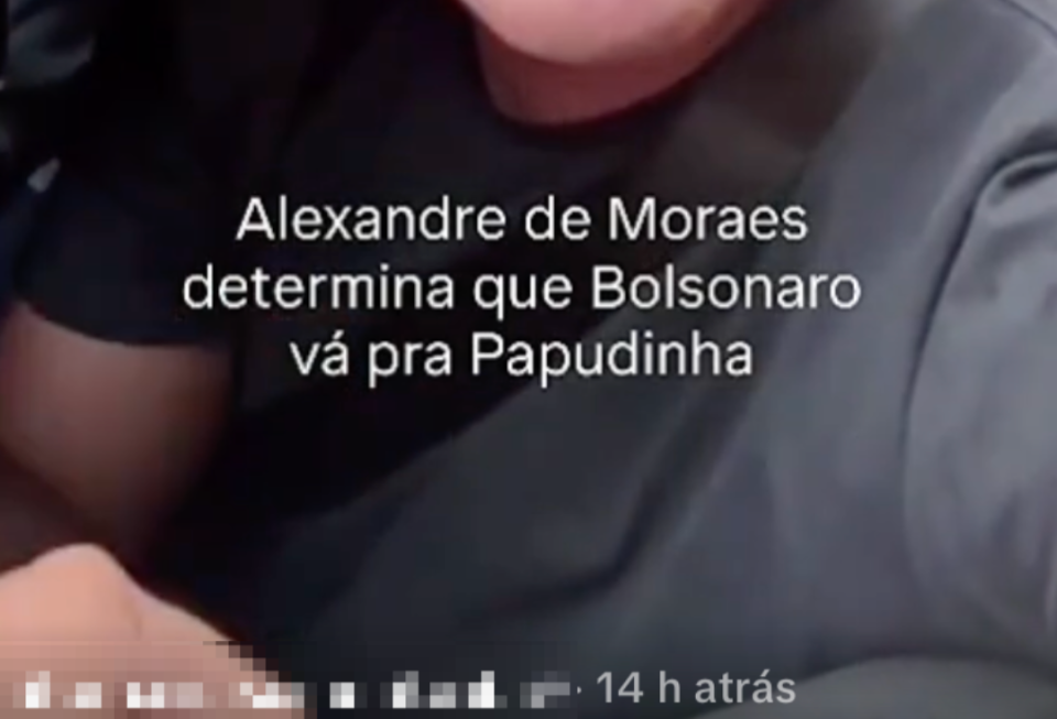 Print de publicação no TikTok mostra o deputado federal Lindbergh Farias (PT-RJ) — homem branco, cabelo grisalhos, usando um óculos de grau com lentes retangulares, vestido com uma camiseta preta e dentro de um carro — e uma frase escrita em branco que diz: ‘Alexandre de Moraes determina que Bolsonaro vá pra Papudinha’.