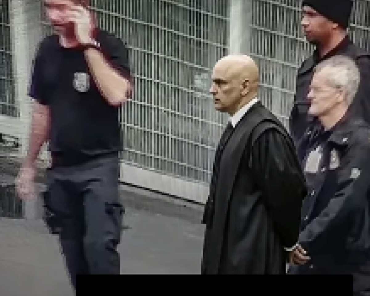Suposta imagem mostra Alexandre de Moraes — homem careca vestindo toga preta — caminhando ao lado de três policiais uniformizados. O chão é de concreto e o fundo é composto pela estrutura de grades metálicas verticais e horizontais. Na parte inferior da imagem, há uma faixa preta que cobre parcialmente a cena.