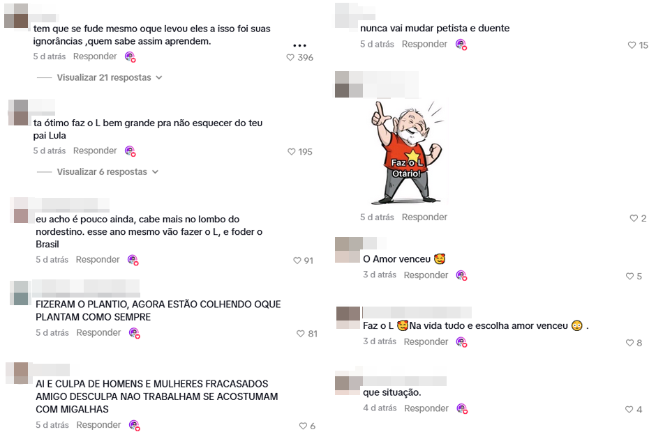 Galeria de comentários em rede social. Há comentários em português, incluindo textos como ‘Fizeram o plantio, agora estão colhendo o que plantam como sempre’, ‘Faz o L 😘 Na vida tudo é escolha amor venceu 🙂’, ‘Aí é culpa de homens e mulheres fracassados amigo desculpa nao trabalham se acostumam com migalhas’ e ‘que situação.’, acompanhados de ícones de curtidas, respostas e contagem de interações.