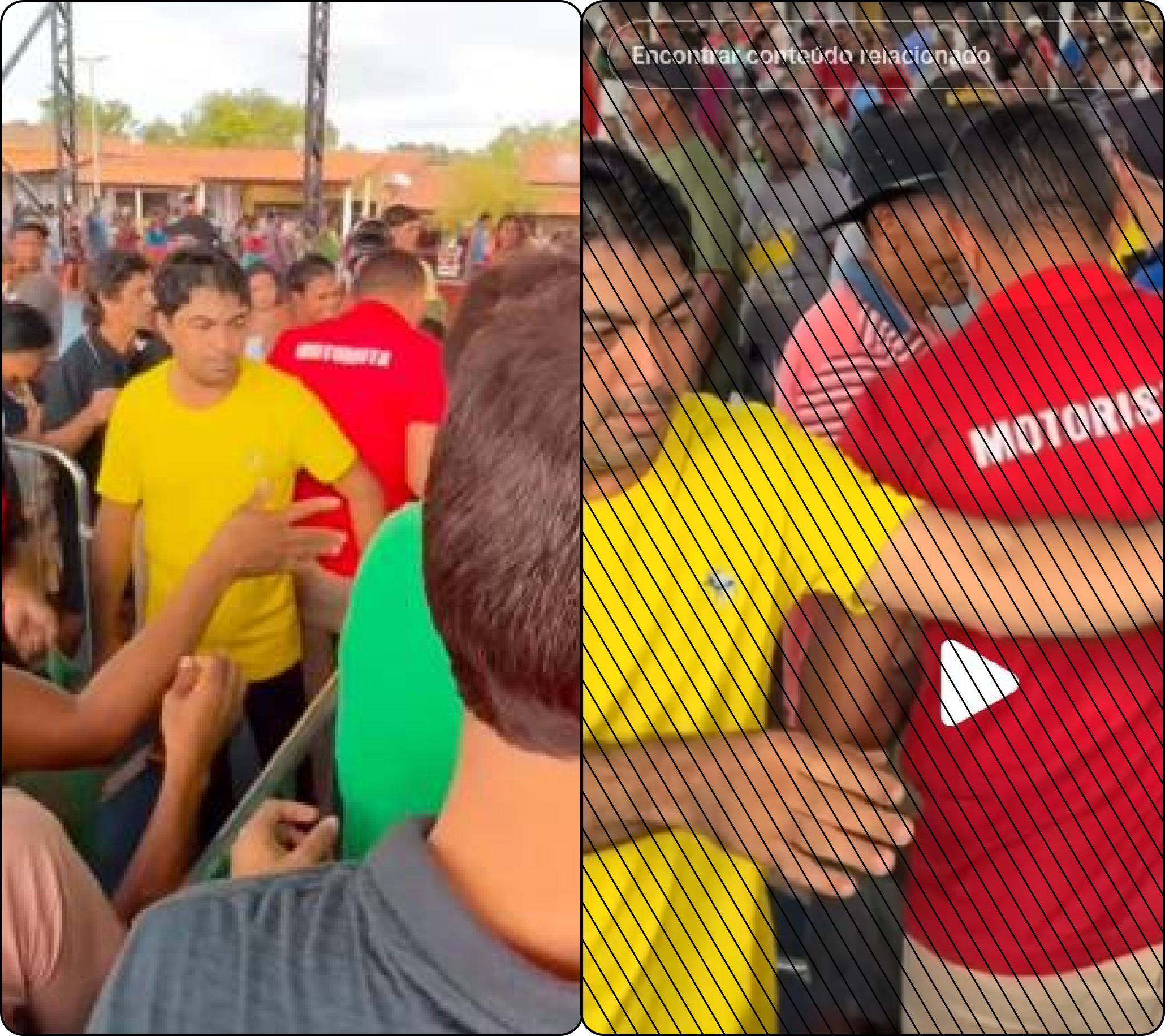 Montagem com duas cenas lado a lado de uma aglomeração de pessoas em ambiente aberto. À esquerda, há vários homens de diferentes tons de pele, com cabelos curtos, usando camisetas em cores como amarelo, verde e vermelho, próximos a uma grade metálica; um homem de camiseta amarela aparece em destaque, olhando para frente enquanto outros ao redor estendem os braços. À direita, a cena mostra um grupo de pessoas em contato físico, incluindo um homem de camiseta vermelha com a palavra ‘MOTORISTA’ nas costas, e outro homem de camiseta amarela com um braço esticado.
