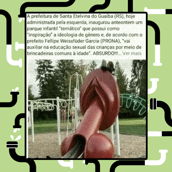 Publicação em rede social com texto em português na parte superior. Abaixo, há uma imagem de um parquinho ao ar livre com estruturas metálicas brancas e uma escultura central de cor avermelhada em formato de pênis e vagina, instalada sobre piso de brita, com árvores ao fundo. A imagem está inserida em uma moldura sobre um fundo com padrão gráfico.