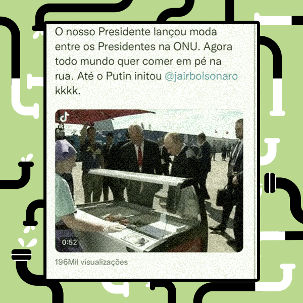 Publicação em rede social com texto em português na parte superior. Abaixo, há um vídeo em miniatura mostrando um grupo de pessoas — incluindo o presidente russo Vladimir Putin — ao redor de um carrinho de comida ao ar livre; uma pessoa com avental e touca está atrás do carrinho, enquanto outras pessoas vestindo ternos observam. A imagem está inserida em uma moldura sobre um fundo com padrão gráfico.