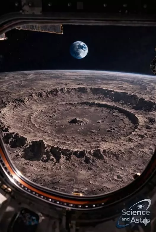 A imagem mostra a superfície da Lua vista através de uma janela circular, com uma grande cratera central cercada por outras menores. A paisagem apresenta relevo irregular, com sombras acentuando as bordas das crateras. Ao fundo, no espaço escuro, aparece o planeta Terra parcialmente iluminado. A moldura da janela sugere o interior de uma nave ou módulo espacial, e no canto inferior direito há uma marca com o texto ‘Science and Astro’ e o logo da ferramenta de IA Gemini.