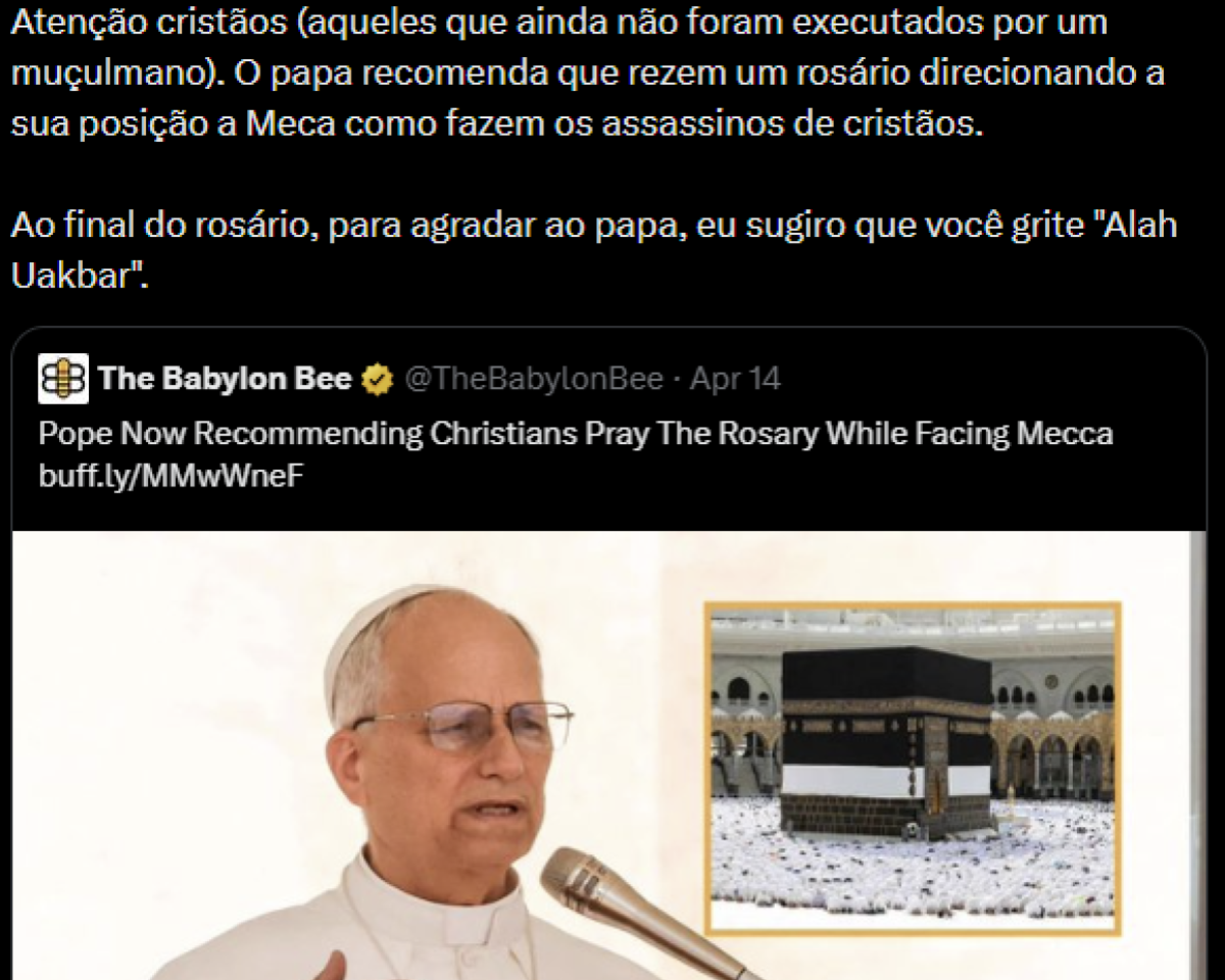 Imagem com fundo escuro e texto em português em letras claras. No topo, em destaque, está a pergunta ‘O que é o Babylon Bee?’. Abaixo, há um parágrafo dizendo ‘O Babylon Bee é o melhor site de sátira do mundo, totalmente infalível em todas as suas afirmações de verdade. Escrevemos sátiras sobre assuntos cristãos, políticos e do cotidiano.’ Em seguida, outro parágrafo afirma ‘O Babylon Bee foi criado ex nihilo no oitavo dia da semana da criação, exatamente 6.000 anos atrás. Temos sido a principal fonte de notícias em todos os grandes eventos mundiais, da Torre de Babel e o Êxodo à Reforma Protestante e à Guerra de 1812. Nosso foco são os fatos, deixando distorções e vieses para outros sites de notícias como CNN e Fox News.’ Mais abaixo, há a frase ‘Se você quiser reclamar de algo em nosso site, reclame com Deus.’ Por fim, o texto conclui com ‘Diferentemente de outros sites de sátira, tudo o que publicamos é 100% verificado pelo Snopes.com.’