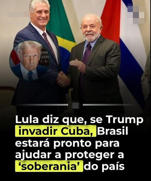 Montagem mostra o presidente de Cuba, Miguel Díaz-Canel, e o presidente Lula, dois homens de pele clara, usando ternos escuros, apertando as mãos e sorrindo diante de bandeiras do Brasil e de Cuba. Díaz-Canel tem cabelo grisalho penteado para trás; Lula tem cabelo branco curto e barba branca. No canto inferior esquerdo, há um círculo com o rosto de Donald Trump, com cabelo loiro e expressão séria. Na parte inferior da imagem, aparece um texto que diz: ‘Lula diz que, se Trump invadir Cuba, Brasil estará pronto para ajudar a proteger a ‘soberania’ do país’.