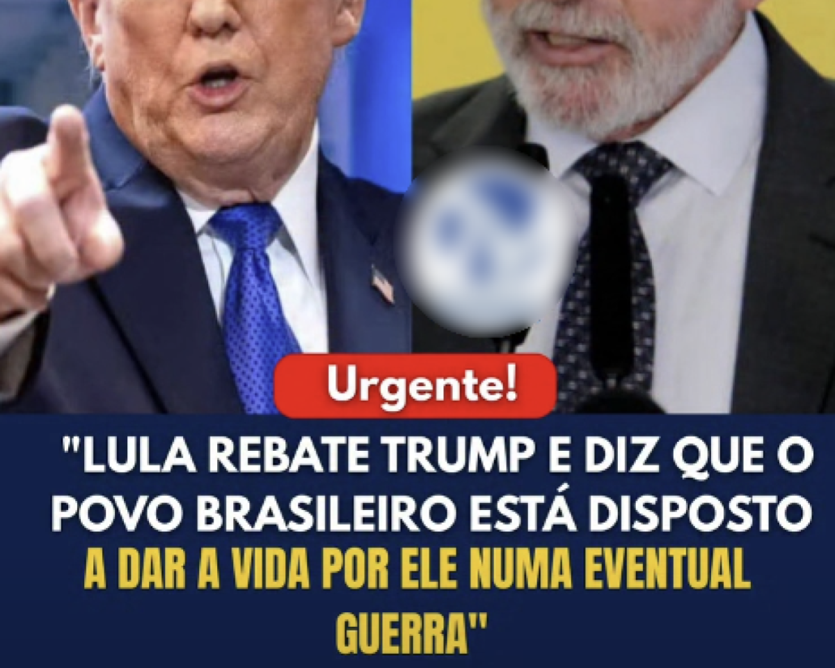 A imagem mostra uma montagem com duas pessoas em lados opostos. À esquerda aparece Donald Trump, homem de terno escuro e gravata azul, com a mão levantada e o dedo indicador apontando para frente. À direita aparece Lula, também de terno, com camisa branca e gravata escura, falando ao microfone. Na parte superior central há um retângulo vermelho com a palavra ‘Urgente!’. Na parte inferior da imagem há um bloco de texto em fundo azul escuro com letras brancas e amarelas que diz: ‘Lula rebate Trump e diz que o povo brasileiro está disposto a dar a vida por ele numa eventual guerra’.