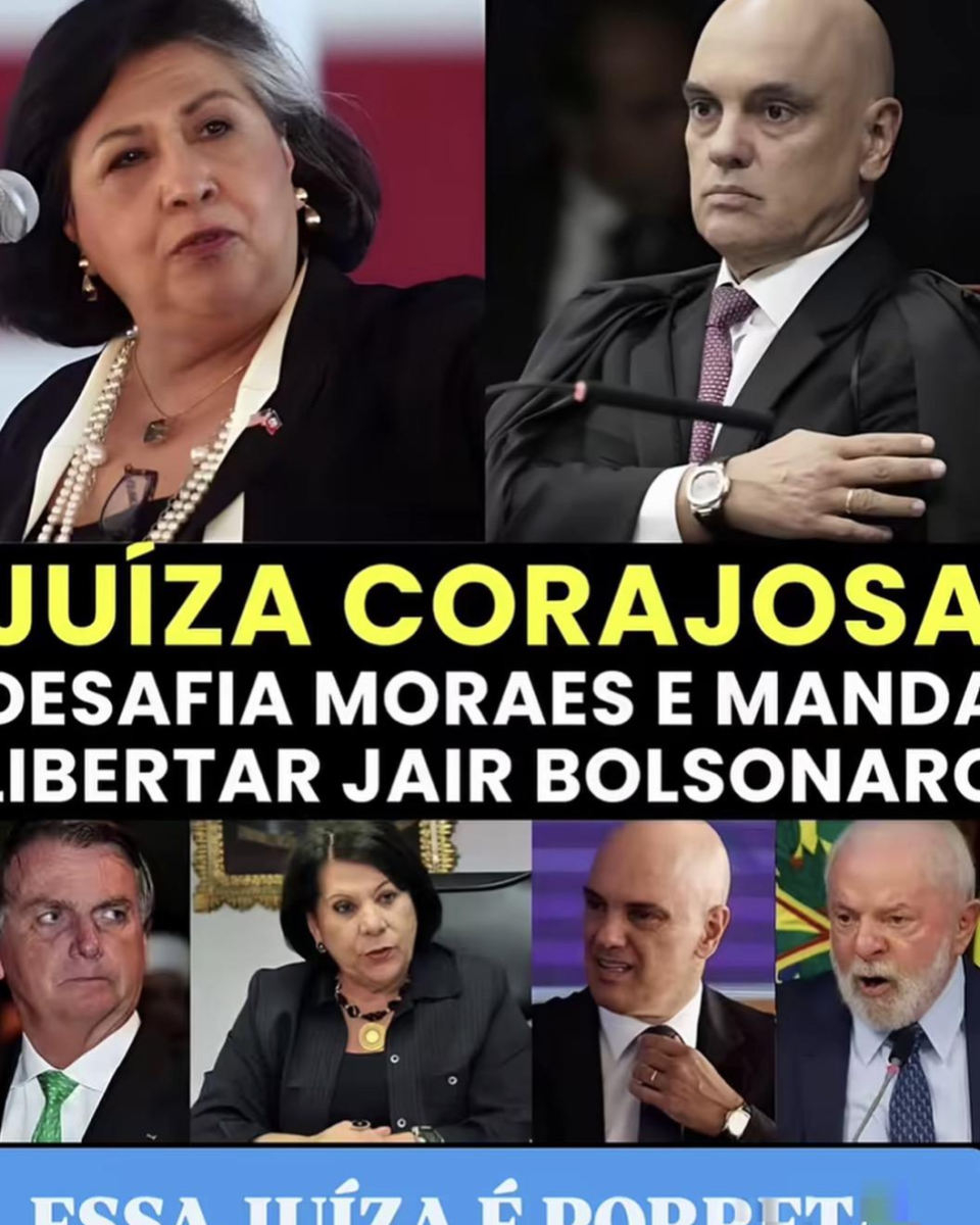 A imagem é uma montagem composta por várias fotos de pessoas organizadas em duas fileiras. Na parte superior, à esquerda, está a foto de Gloria Molina, uma mulher de cabelos curtos e pretos, mas com uma faixa grisalha em destaque, falando ao microfone com o braço levantado e estendido; à direita, está a imagem de Alexandre de Moraes, um homem careca vestindo terno escuro e gravata, com expressão séria e o braço cruzado sobre o peito. No centro da imagem há uma faixa preta com texto em letras grandes amarelas e brancas que diz ‘JUÍZA CORAJOSA DESAFIA MORAES E MANDA LIBERTAR JAIR BOLSONARO’. Na parte inferior há quatro retratos lado a lado: à esquerda está Jair Bolsonaro, um homem de terno e gravata verde com expressão séria; ao lado, Gloria Molina sentada à mesa falando; em seguida aparece Moraes, também de terno e ajustando a gravata; e à direita está a imagem de Lula, um homem de barba branca, falando ao microfone. Abaixo das fotos há uma faixa azul com texto em letras brancas que diz ‘ESSA JUÍZA É PORRETA PARABÉNS PELA CORAGEM’.