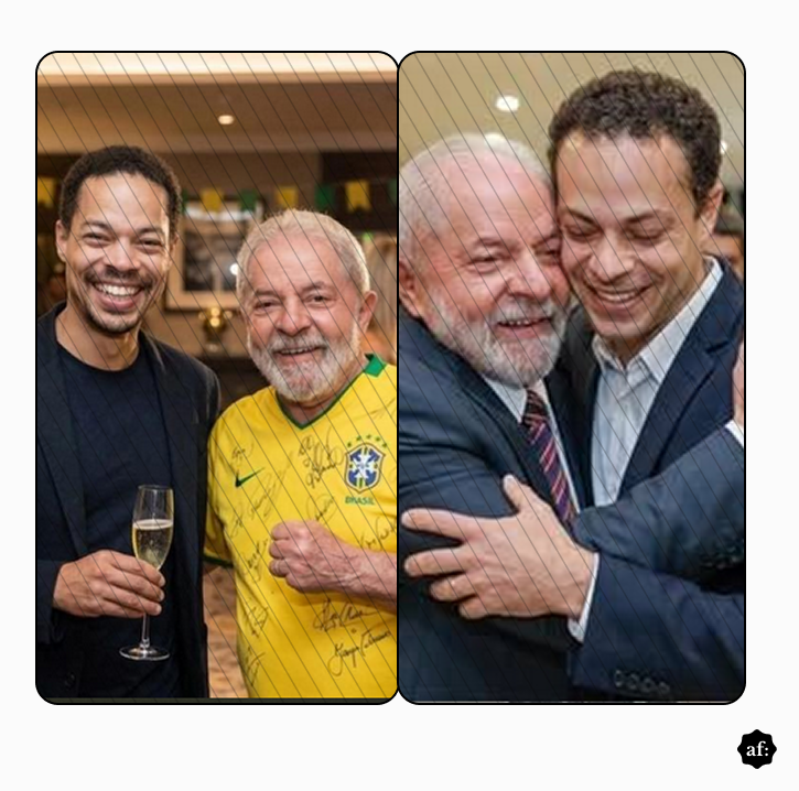 Duas fotos, lado a lado, que mostram o presidente Lula, um homem branco e grisalho, ao lado de um homem negro. Ambos sorriem.