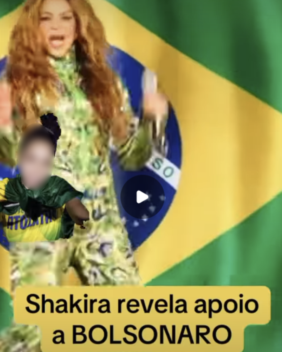A imagem mostra, ao fundo, a bandeira do Brasil ocupando todo o espaço. À frente, aparece a imagem de uma mulher que lembra a cantora Shakira, com cabelos longos e volumosos, usando uma roupa verde estampada, com os braços levantados em movimento. Sobre a região inferior esquerda do corpo dela há uma sobreposição de uma segunda figura com o rosto desfocado, vestindo uma camisa verde e amarela com a palavra Brasil parcialmente visível. Na parte inferior da imagem, há uma faixa retangular amarela com texto em letras pretas que diz: ‘Shakira revela apoio a BOLSONARO’.