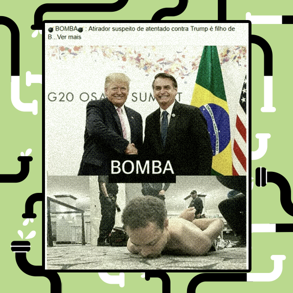 Imagem mostra Trump, um homem branco de terno, apertando a mão de Bolsonaro, outro homem branco de terno. Abaixo, há um homem moreno e sem camisa com as mãos amarradas. Na parte superior, há a legenda 
