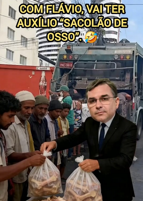 A imagem mostra uma montagem com a figura do senador Flávio Bolsonaro, um homem de pele clara, cabelo curto castanho e usando óculos, vestido com terno escuro e gravata, em primeiro plano, segurando sacolas plásticas com alimentos. Ao fundo, há uma fila de homens de diferentes tons de pele, usando roupas simples, recebendo sacolas semelhantes, próximos a um caminhão. Na parte superior da imagem, há um texto em destaque que diz: ‘COM FLÁVIO, VAI TER AUXÍLIO “SACOLÃO DE OSSO” 😂’. 