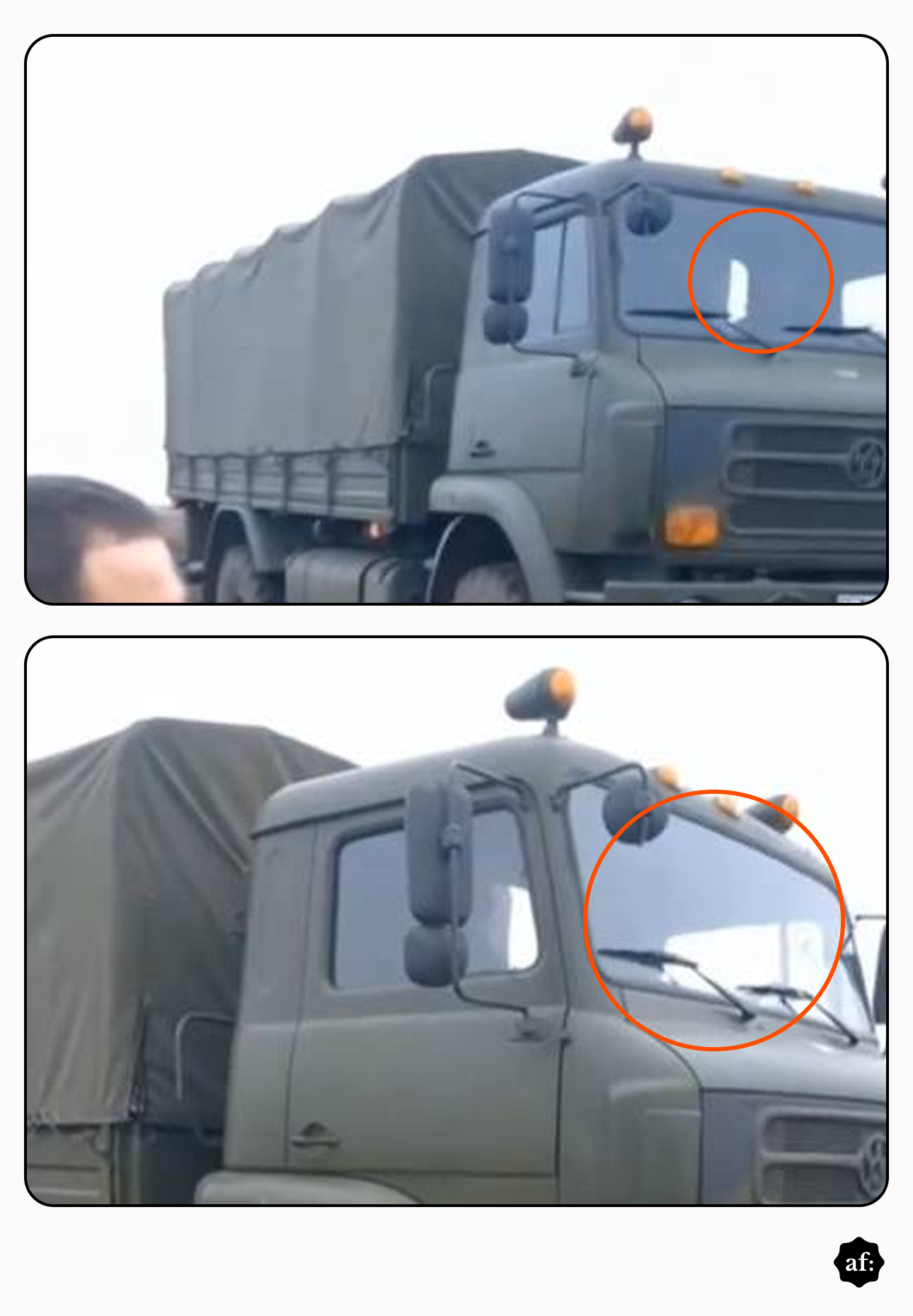 Alt text: Imagem composta por dois painéis comparativos mostrando close-ups da cabine de um caminhão militar verde. Em ambas as imagens, um círculo laranja envolve a área do para-brisas do lado do motorista, onde o interior da cabine parece estar vazio e sem ocupantes visíveis através do vidro. A imagem inferior é um close-up mais detalhado da mesma área destacada.