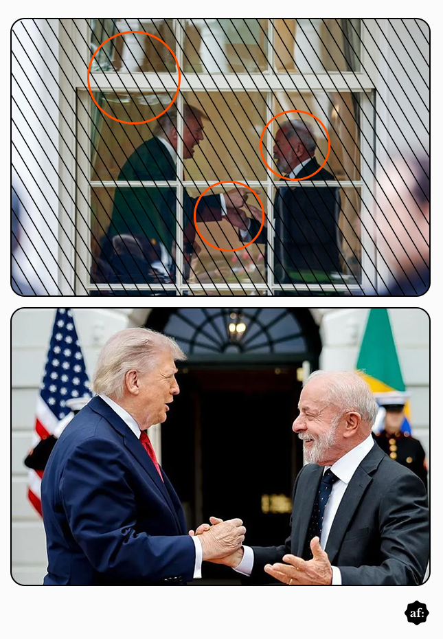 Montagem com duas imagens do encontro entre Donald Trump e Lula. Na parte superior, a foto aparece coberta por linhas diagonais e círculos vermelhos destacando reflexos na janela, o rosto e as mãos de Lula, sugerindo inconsistências visuais. Na parte inferior, aparece a foto original, mostrando Trump e Lula sorrindo e apertando as mãos diante da entrada da Casa Branca, com bandeiras dos Estados Unidos e do Brasil ao fundo.