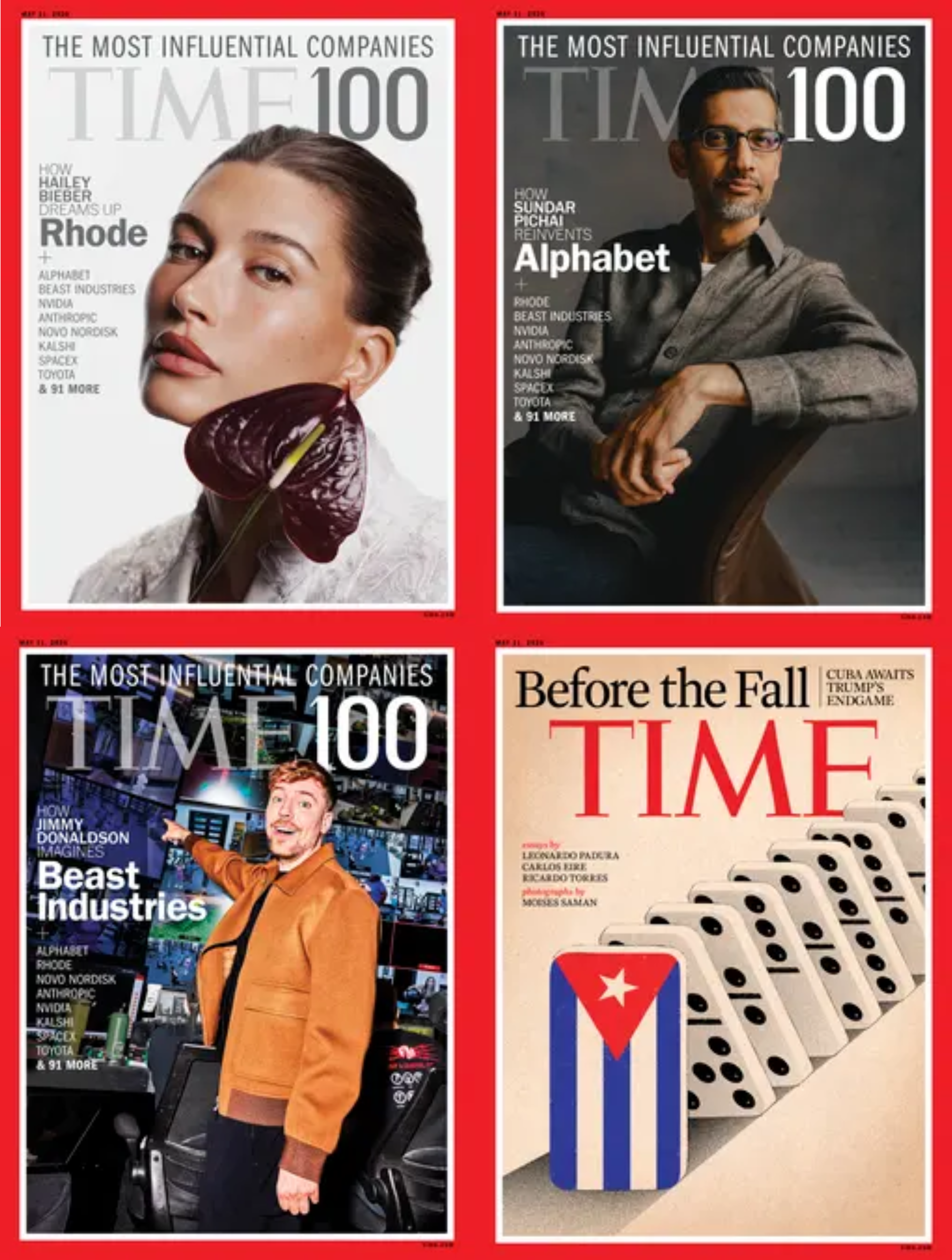 Montagem com quatro capas da revista Time publicadas em 11 de maio de 2026. Três são da edição especial ‘TIME 100 The Most Influential Companies’, trazendo retratos individuais da empresária Hailey Bieber, do CEO do Google Sundar Pichai e do youtuber Jimmy Donaldson, ou MrBeast. A quarta capa tem o título ‘Before the Fall’ e exibe peças de dominó brancas caindo em sequência, com a primeira peça estampando a bandeira de Cuba. 