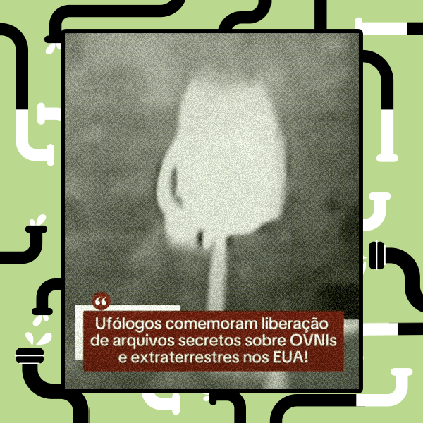Imagem granulada em tons de cinza mostrando um objeto branco brilhante e desfocado contra um fundo escuro, lembrando uma captura térmica ou noturna. Na parte inferior, há uma faixa vermelha com a frase: ‘Ufólogos comemoram liberação de arquivos secretos sobre OVNIs e extraterrestres nos EUA!’.