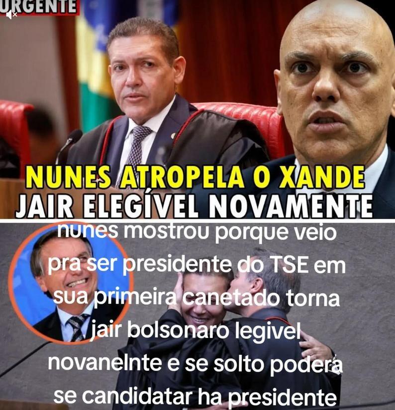 Post formado por duas imagens. Na parte superior, o ministro do STF Kássio Nunes Marques, de terno, fala ao microfone enquanto o ministro Alexandre de Moraes têm uma feição surpresa. Abaixo, Nunes Marques é beijado pelo ministro André Mendonça. O rosto do presidente Jair Bolsonaro aparece ao lado sorrindo. O post traz o texto ‘Nunes atropela o Xande Kair inelegível novamente. Nunes mostrou porque veio pra ser presidente do TSE em sua primeira canetado (sic) torna Jair Bolsonaro legível (sic) novanelnte (sic) e se solto podera se candidatar há (sic) presidente’.