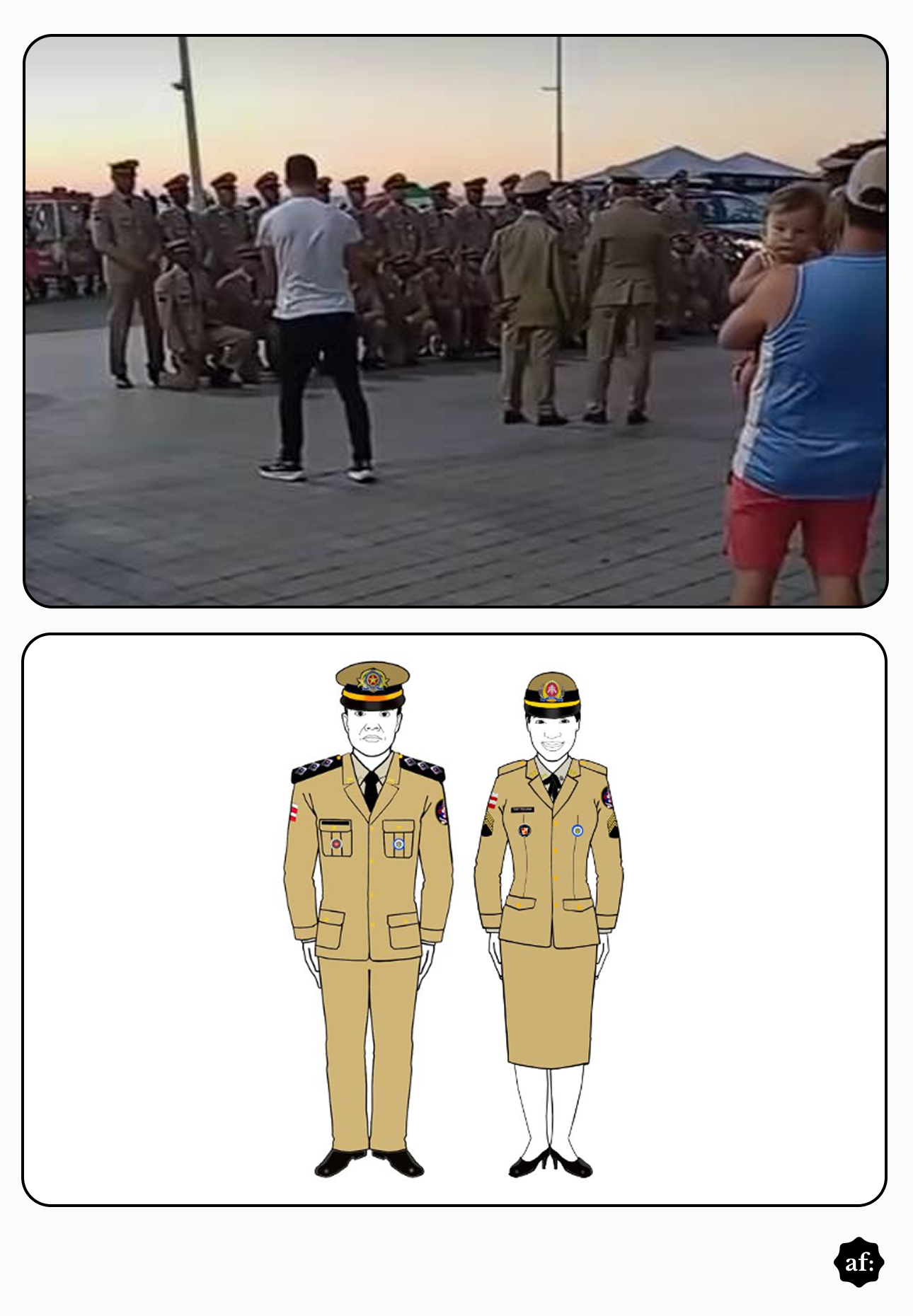 Montagem com duas imagens comparando uniformes militares. Na parte superior, um grupo de pessoas usando uniformes bege posa para foto em uma área aberta ao entardecer, enquanto civis observam e fotografam a cena. Na parte inferior, ilustração oficial mostra modelos masculino e feminino de uniformes militares em tom bege semelhante. A montagem sugere que os uniformes vistos na foto correspondem ao modelo oficial exibido abaixo. 
