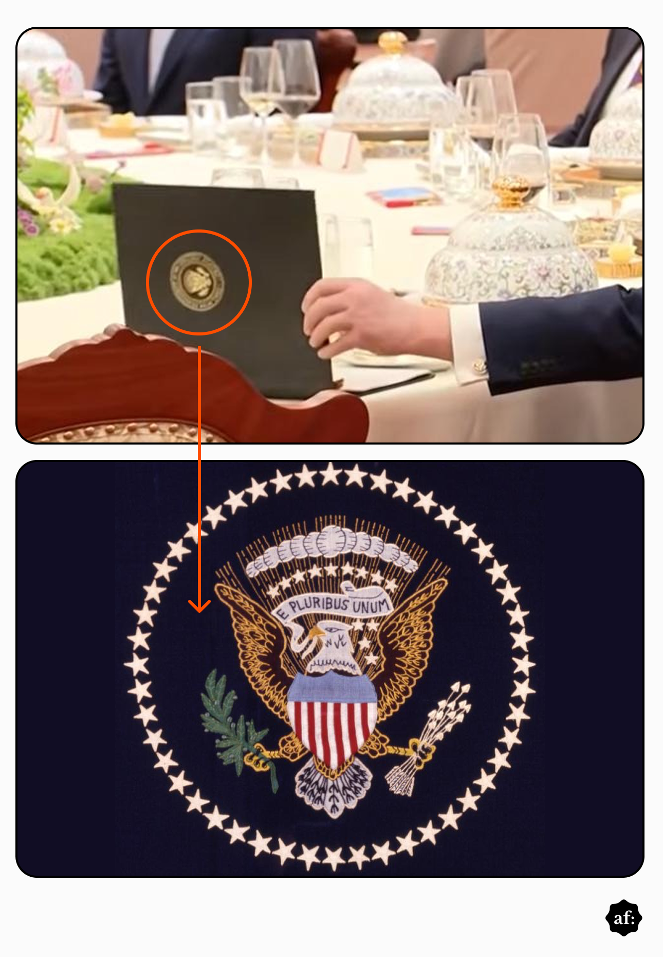 magem dividida em dois painéis. O painel superior mostra parte de uma mesa de jantar muito formal, onde Donald Trump vestindo terno escuro e camisa branca segura uma pasta preta em pé. Um círculo laranja destaca um pequeno selo dourado na parte de trás da pasta. Este é o Selo Presidencial americano. Uma seta laranja aponta deste círculo para o painel inferior, que mostra uma imagem ampliada e nítida do Selo do Presidente dos Estados Unidos (uma águia com um escudo no peito, segurando um ramo de oliveira e flechas, cercada por estrelas brancas em um fundo escuro).