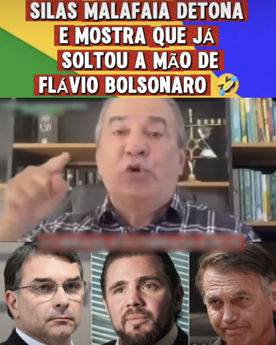 Imagem dividida em três partes. Na parte superior, sobre um fundo com as cores verde, amarelo e azul da bandeira do Brasil, há um texto dizendo: ‘SILAS MALAFAIA DETONA E MOSTRA QUE JÁ SOLTOU A MÃO DE FLÁVIO BOLSONARO’, seguido de um emoji chorando de rir. No centro da imagem aparece Silas Malafaia, um homem grisalho usando camisa xadrez escura, sentado em frente a uma estante com livros e objetos decorativos. Ele está com a boca aberta e uma das mãos levantadas, apontando o dedo. Na parte inferior, há três fotos lado a lado de homens usando terno. O primeiro, Flávio Bolsonaro, usa óculos; o segundo, Daniel Vorcaro, tem barba e cabelo penteado para trás; e o terceiro, Jair Bolsonaro, tem cabelo grisalho e expressão séria.