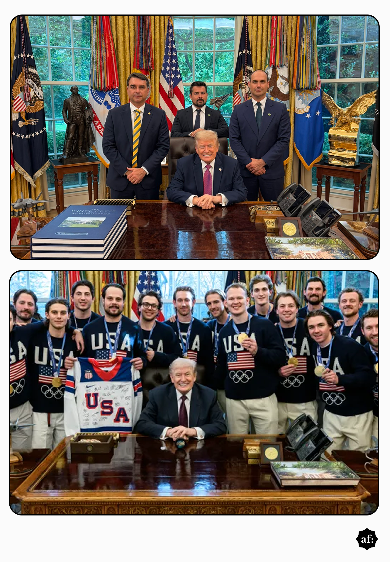 Comparação entre foto de Trump com Flávio, Eduardo e Figueiredo e imagem de Trump com time de hockey. Nas duas, as pessoas atrás de Trump não são refletidas na mesa do Salão Oval.