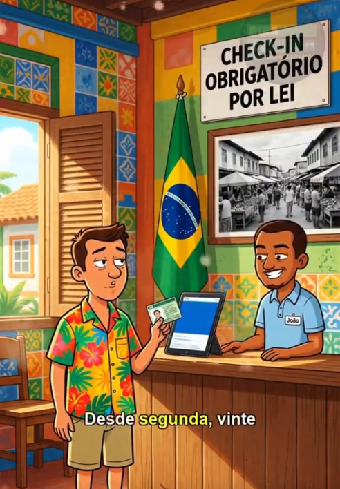 Captura de tela de vídeo desinformativo, feito com Inteligência Artificial, em estilo cartoon mostrando a recepção de uma pousada no Brasil, decorada com azulejos coloridos, uma bandeira brasileira, um quadro com a foto antiga de uma feira e uma placa grande dizendo ‘CHECK-IN OBRIGATÓRIO POR LEI’. De um lado do balcão de madeira, um turista de camisa florida e bermuda, parecendo um pouco cansado, entrega sua identidade para João, o recepcionista sorridente que usa uma camisa polo azul e está em frente a um tablet. À esquerda, uma janela aberta revela uma construção colonial em um dia ensolarado. 