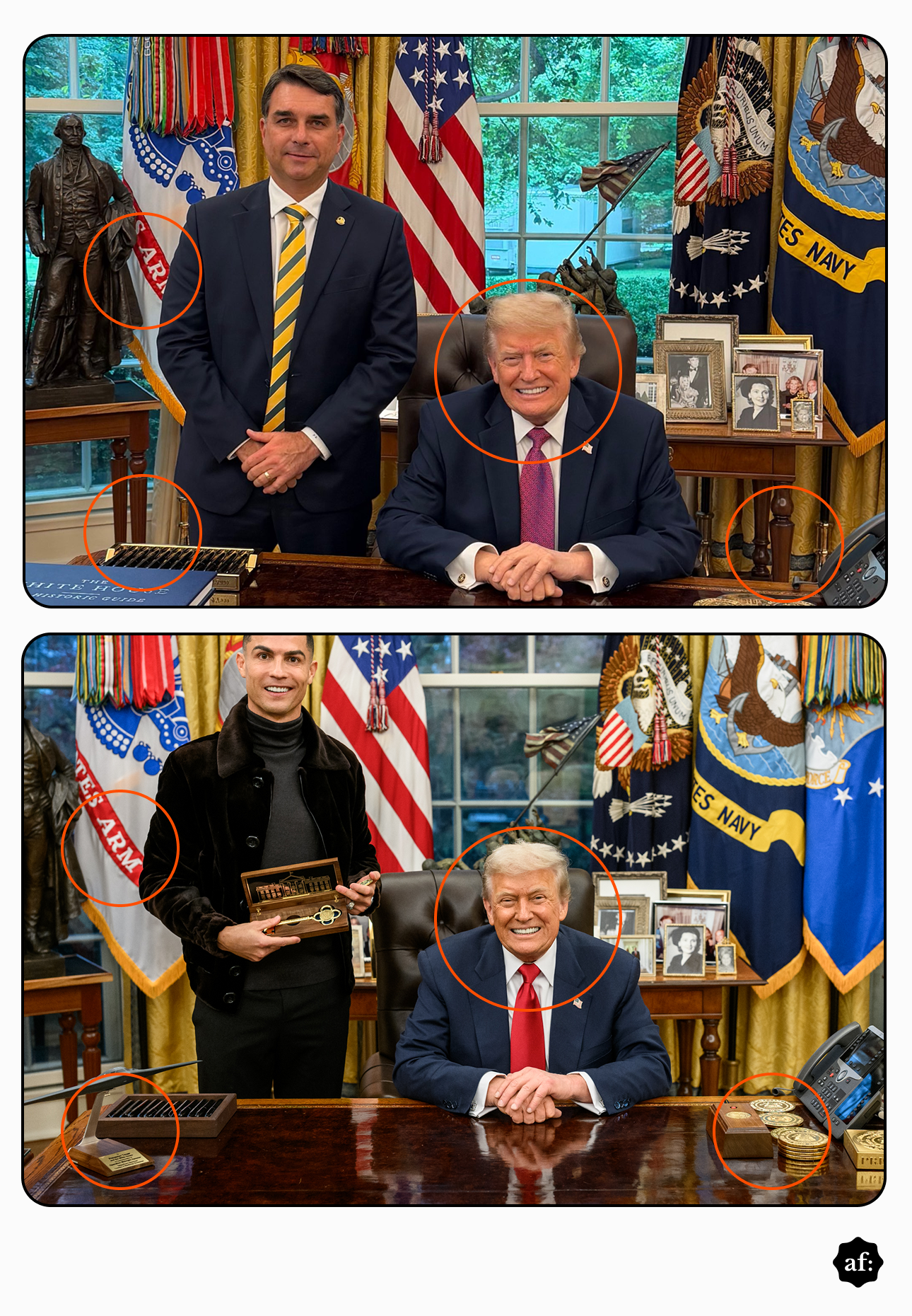 Imagem mostra duas fotografias comparativas do Salão Oval da Casa Branca, posicionadas uma acima da outra, com círculos laranja destacando diferenças entre os cenários. Na imagem superior, Donald Trump — homem de pele clara, cabelo loiro penteado para trás, usando terno azul e gravata rosa — aparece sentado atrás da mesa presidencial, enquanto Flávio Bolsonaro — homem de pele clara, cabelo curto escuro, usando terno azul-marinho e gravata listrada em amarelo e azul — está em pé ao lado da mesa. Na imagem inferior, Trump aparece na mesma posição e com roupas semelhantes, mas ao lado dele está Cristiano Ronaldo — homem de pele clara, cabelo curto escuro, usando roupa preta com gola alta — segurando um objeto dourado. Os círculos laranja destacam mudanças em bandeiras, objetos sobre a mesa e detalhes do fundo entre as duas imagens. 