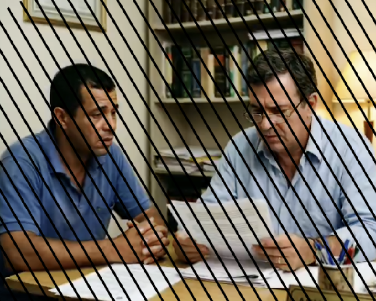 Imagem mostra dois homens sentados lado a lado em uma mesa de escritório. O homem à esquerda usa camisa polo azul, está com as mãos entrelaçadas sobre a mesa e olha para o outro homem com expressão séria. O homem à direita usa óculos e camisa social azul clara com as mangas dobradas, e segura algumas folhas de papel enquanto lê os documentos. Sobre a mesa há mais papéis espalhados, um porta-canetas com canetas coloridas e uma placa parcialmente visível. Ao fundo há uma estante com livros, uma luminária acesa com cúpula clara e um quadro pendurado na parede.