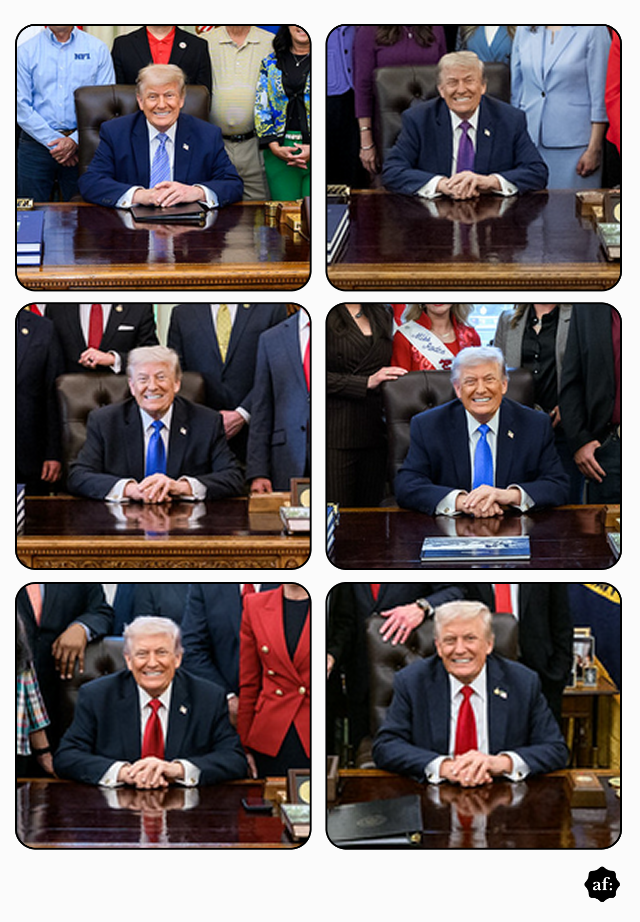 Imagem mostra montagem com seis fotografias de Donald Trump — homem de pele clara, cabelo loiro penteado para trás, usando ternos escuros e gravatas em tons de azul, roxo e vermelho — sentado atrás da mesa presidencial no Salão Oval da Casa Branca. Em todas as imagens aparecem pessoas parcialmente visíveis em pé atrás dele, usando roupas formais e casuais em diferentes cores. As fotografias apresentam mudanças na disposição de objetos sobre a mesa, nas cores das gravatas de Trump e nas pessoas posicionadas ao fundo.