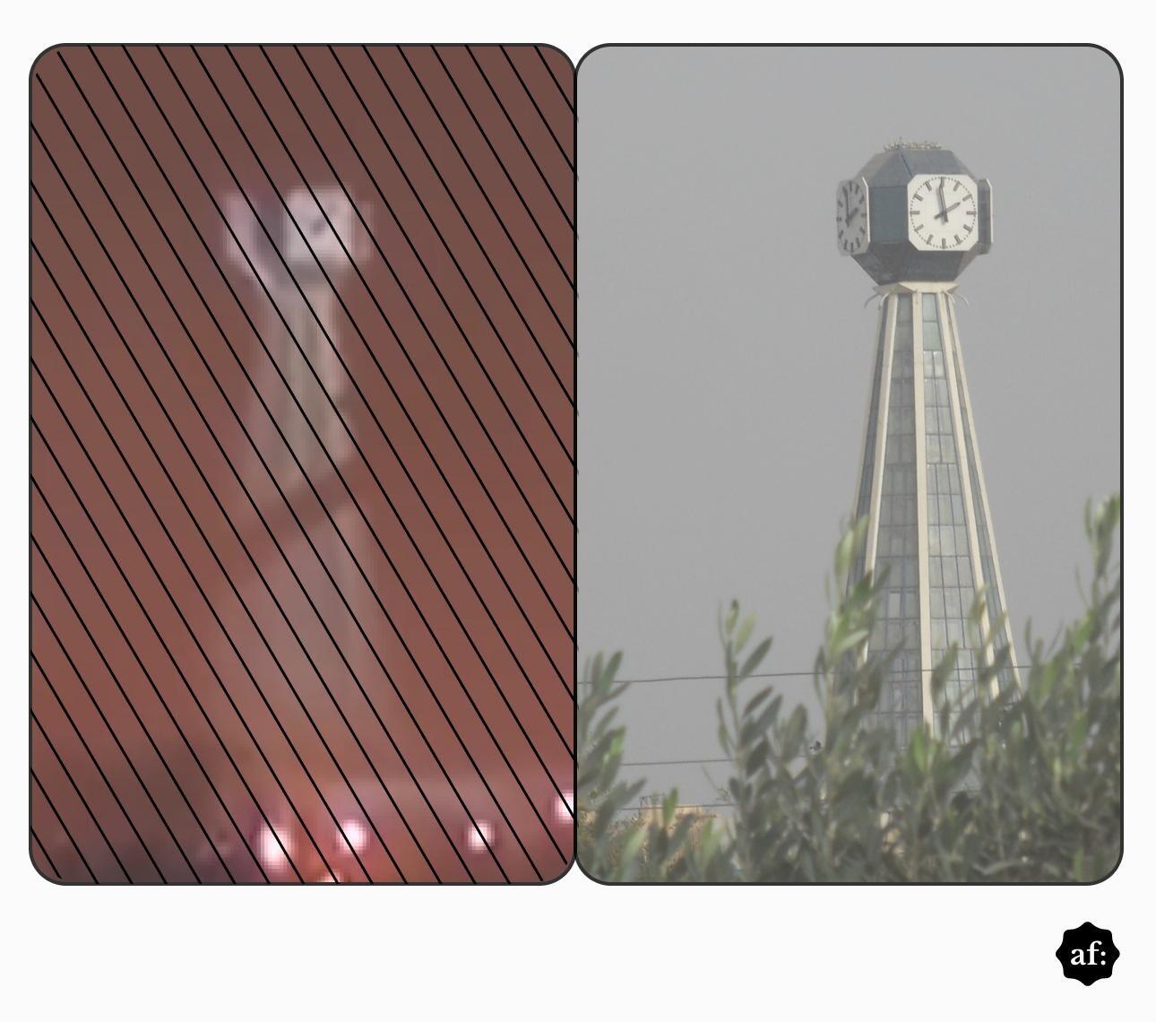Imagem mostra uma montagem comparativa com duas fotografias lado a lado. À esquerda aparece uma imagem noturna e avermelhada com forte presença de fumaça ou névoa, sobreposta por linhas diagonais escuras. No centro da imagem é visível uma estrutura alta e estreita iluminada, com um mostrador circular no topo, semelhante a uma torre de relógio. À direita aparece uma fotografia diurna da mesma estrutura, uma torre metálica com relógios em suas faces superiores, vista por trás de galhos e folhas em primeiro plano. No canto inferior direito há o logotipo ‘af.’ em um círculo preto.