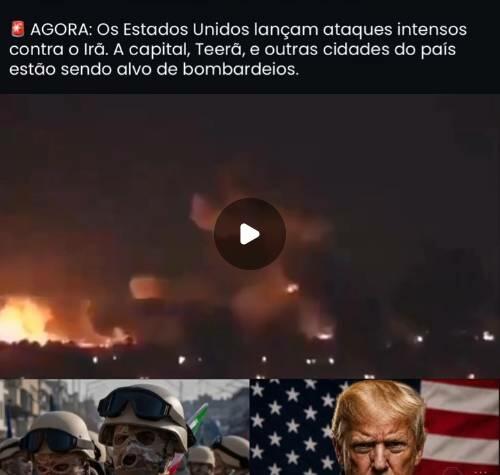 Imagem mostra uma captura de tela de uma publicação em rede social. No topo, um texto em letras brancas afirma: ‘AGORA: Os Estados Unidos lançam ataques intensos contra o Irã. A capital, Teerã, e outras cidades do país estão sendo alvo de bombardeios’. Ao centro aparece uma cena noturna com clarões alaranjados no horizonte e colunas de fumaça, sugerindo explosões ou incêndios em uma área urbana. Na parte inferior há duas imagens menores: à esquerda, pessoas usando capacetes, óculos de proteção e máscaras; à direita, Donald Trump — homem de pele clara, cabelo loiro penteado para o lado — diante de uma bandeira dos Estados Unidos. A montagem utiliza fundo escuro e elementos gráficos típicos de publicações de notícias em redes sociais. 
