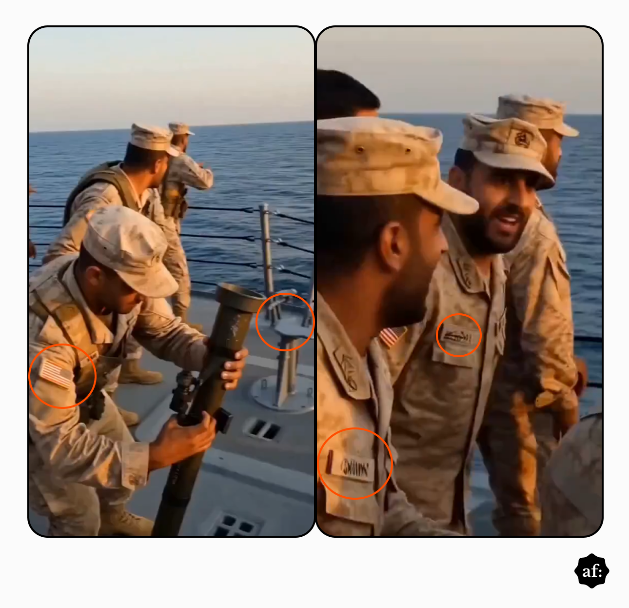 A imagem mostra dois prints do vídeo enganoso. No primeiro, um soldado manuseia um lança-mísseis e destaques em laranja indicam uma bandeira dos EUA em sua farda e uma estrutura torta no navio. No segundo, que mostra quatro soldados, os círculos destacam os nomes em seus uniformes, que estão escritos com letras ininteligíveis.