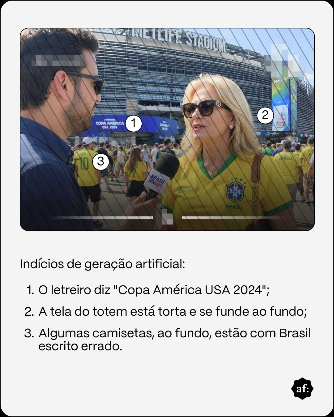 Uma imagem exibe uma cena de entrevista ao ar livre sobreposta por finas linhas diagonais, pequenos trechos pixelados na parte superior e um ícone de barra deslizante horizontal na base da fotografia. Um homem de pele clara e cabelo escuro, usando óculos de sol e camisa azul escura, segura um microfone com a marca 'BRASIL NEWS' próximo a uma mulher de pele clara e cabelos loiros na altura dos ombros, que usa óculos de sol, camisa amarela de futebol com o escudo brasileiro e carrega uma bolsa marrom no ombro. Ao fundo, há uma multidão vestida majoritariamente de amarelo e verde caminhando em frente a um estádio com a palavra 'METLIFE STADIUM' na fachada. Três pequenos círculos brancos com números apontam para áreas específicas da foto: o '1' próximo a uma placa azul, o '2' sobre uma tela vertical e o '3' apontado para as pessoas na multidão. Abaixo da fotografia, um fundo claro contém o texto: ‘Indícios de geração artificial: 1. O letreiro diz ‘Copa América USA 2024’; 2. A tela do totem está torta e se funde ao fundo; 3. Algumas camisetas, ao fundo, estão com Brasil escrito errado.’. No canto inferior direito, encontra-se um círculo preto com as letras minúsculas 'af.'.