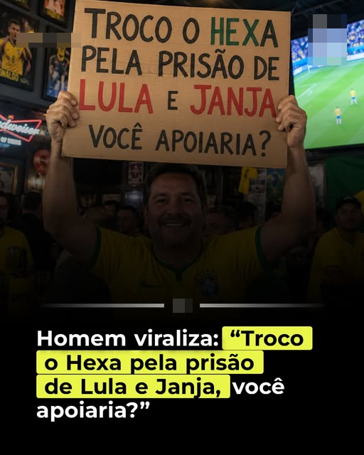 Uma fotografia mostra um homem de pele clara, com cabelos e barba curtos, escuros e com fios grisalhos, vestindo uma camisa amarela com o escudo da seleção brasileira de futebol. Ele sorri levemente e mantém os dois braços erguidos para segurar um cartaz de papelão com a seguinte mensagem escrita à mão: 'TROCO O HEXA PELA PRISÃO DE LULA E JANJA VOCÊ APOIARIA?'. No texto do cartaz, a palavra 'HEXA' está grafada em verde, os nomes 'LULA' e 'JANJA' em vermelho, e o restante em preto. O homem se encontra em um ambiente interno com baixa iluminação, acompanhado por outras pessoas que também vestem camisas amarelas ao fundo, além de quadros na parede à esquerda e uma televisão exibindo uma partida de futebol no canto superior direito. Há pequenos borrões de desfoque digital nos cantos superiores esquerdo e direito. Na parte inferior da imagem, sobre um fundo preto sólido, há um texto que diz: 'Homem viraliza:', seguido de uma continuação com letras pretas sobre um fundo amarelo que diz: '‘Troco o Hexa pela prisão de Lula e Janja, você apoiaria?’'.