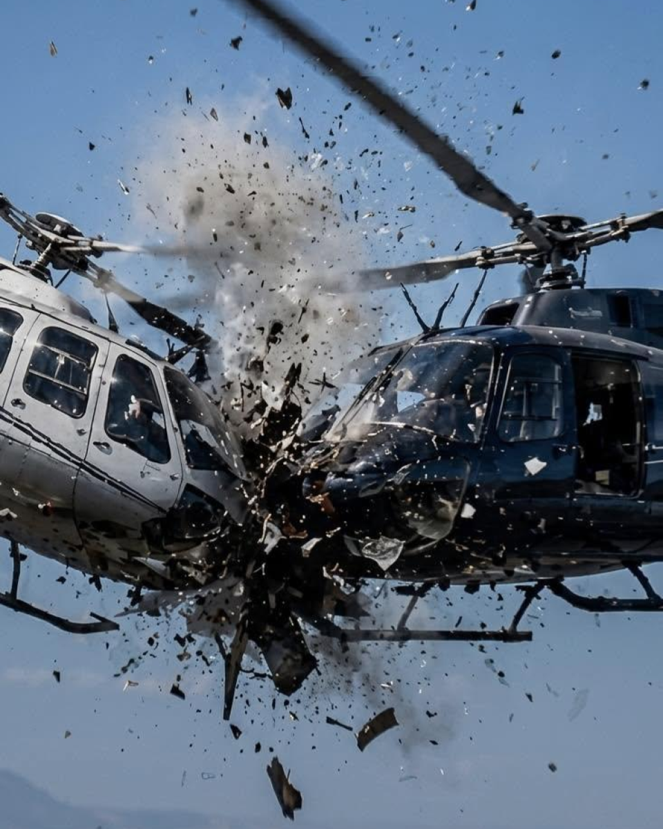 Uma imagem que captura o momento exato de uma colisão frontal entre dois helicópteros em pleno voo, sob um céu azul claro. À esquerda, um helicóptero de cor cinza-clara ou prateada aparece inclinado para a direita no momento do impacto, com suas janelas laterais e frontais visíveis. À direita, um helicóptero de cor escura, preta ou azul-escura, está inclinado para a esquerda, apresentando o que parece ser uma porta lateral aberta ou ausente. As partes frontais de ambas as aeronaves se chocam diretamente no centro da imagem, gerando uma grande explosão de estilhaços, fumaça cinza e branca, e incontáveis pequenos fragmentos pretos e metálicos espalhados pelo ar ao redor do ponto de colisão. As pás dos rotores principais de ambos os helicópteros estão visíveis acima deles, parecendo retorcidas e se misturando aos destroços em alta velocidade. O plano de fundo é composto inteiramente por um céu limpo de tom azul-claro, com uma silhueta tênue de montanhas visível bem ao fundo, na linha do horizonte abaixo das aeronaves.