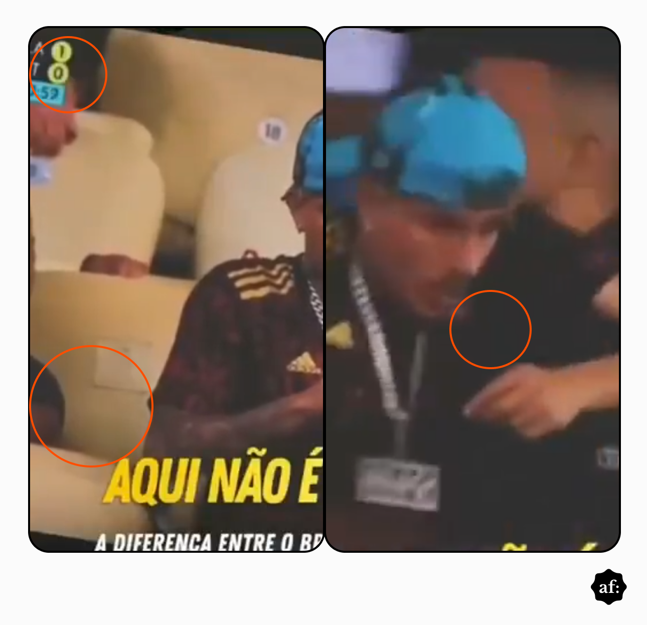 Uma composição de duas imagens verticais justapostas. Ambas as metades mostram um homem de pele morena, cabelo curto e escuro, vestindo uma camisa preta com listras douradas nos ombros e peito, e múltiplas correntes de metal ao redor do pescoço, sentado em assentos de estádio em tons claros. Na imagem da esquerda, a cena é mais ampla e inclui duas marcas circulares laranjas: uma no canto superior esquerdo, circulando texto e números azuis sobre fundo amarelo; e outra na lateral esquerda. Na imagem da direita, há um close maior do mesmo homem, revelando mais detalhes como o uso de uma cobertura de cabeça azul brilhante, sua expressão facial e barba. Um terceiro círculo laranja está posicionado sobre uma área desfocada de sua vestimenta. No canto inferior direito de toda a composição, há um pequeno logotipo circular preto com as letras minúsculas ‘af.’.