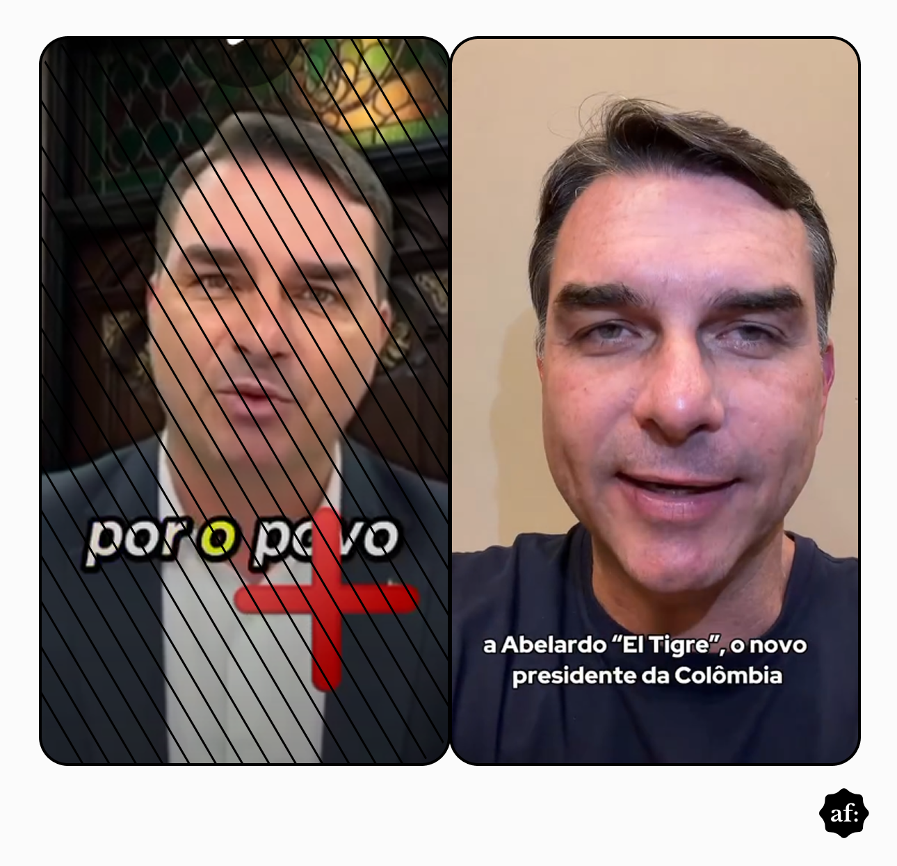 Uma imagem apresenta dois painéis verticais justapostos sobre um fundo claro. O painel da esquerda, coberto por finas linhas diagonais pretas, mostra um homem de pele clara e cabelos curtos escuros, vestindo paletó escuro e camisa branca, posicionado à frente de uma porta de madeira com um vitral na parte superior. Sobre essa cena, lê-se o texto 'por o povo' em letras brancas com contorno preto, onde o primeiro 'o' é amarelo, acompanhado de uma cruz vermelha translúcida logo abaixo. O painel da direita exibe um homem em um enquadramento mais próximo, vestindo uma camiseta lisa escura contra um fundo bege de cor sólida, com o texto 'a Abelardo ‘El Tigre’, o novo presidente da Colômbia' sobreposto na parte inferior em letras brancas. No canto inferior direito da composição geral, há um pequeno círculo preto contendo as letras brancas 'af.'. 
