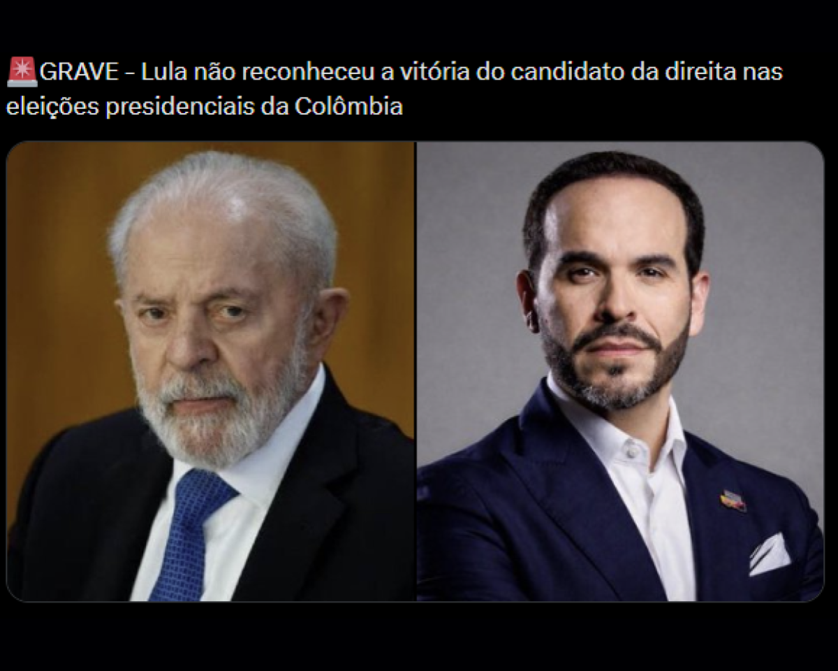 Montagem com fundo preto. Na parte superior, há um texto em letras brancas que diz: 'GRAVE - Lula não reconheceu a vitória do candidato da direita nas eleições presidenciais da Colômbia'. Abaixo do texto aparecem duas fotografias lado a lado, separadas por uma linha vertical. À esquerda, há o retrato de Lula, um homem idoso de cabelos e barba brancos, usando terno escuro, camisa branca e gravata azul. Ele está voltado levemente para a direita, com expressão séria, diante de um fundo marrom desfocado. À direita, há o retrato de Espriella, um homem de cabelos escuros curtos e barba aparada, vestindo paletó azul-marinho, camisa branca e lenço branco no bolso do peito. Ele está voltado para a frente, com expressão neutra, diante de um fundo cinza. As duas fotografias ocupam a maior parte da imagem, com bordas arredondadas nos cantos do quadro.