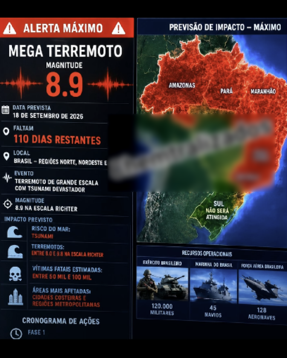 A imagem mostra um infográfico dividido em duas colunas sobre fundo escuro. No topo da coluna esquerda há uma faixa vermelha com o texto 'ALERTA MÁXIMO' entre dois ícones triangulares de alerta. Abaixo, em letras grandes, aparece 'MEGA TERREMOTO', seguido de 'MAGNITUDE 8.9'. Mais abaixo, há uma lista de informações: 'DATA PREVISTA 18 DE SETEMBRO DE 2026', 'FALTAM 110 DIAS RESTANTES', 'LOCAL BRASIL – REGIÕES NORTE, NORDESTE E', 'EVENTO TERREMOTO DE GRANDE ESCALA COM TSUNAMI DEVASTADOR', 'MAGNITUDE 8.9 NA ESCALA RICHTER' e 'IMPACTO PREVISTO'. Em seguida aparecem itens com ícones, incluindo 'RISCO DO MAR: TSUNAMI', 'TERREMOTOS: ENTRE 8.0 E 8.9 NA ESCALA RICHTER', 'VÍTIMAS FATAIS ESTIMADAS: ENTRE 50 MIL E 100 MIL' e 'ÁREAS MAIS AFETADAS: CIDADES COSTEIRAS E REGIÕES METROPOLITANAS'. Na parte inferior da coluna esquerda lê-se 'CRONOGRAMA DE AÇÕES' e 'FASE 1'. Na coluna direita há um mapa do Brasil visto de cima. Grande parte do território está destacada em vermelho, enquanto a região Sul aparece em verde.