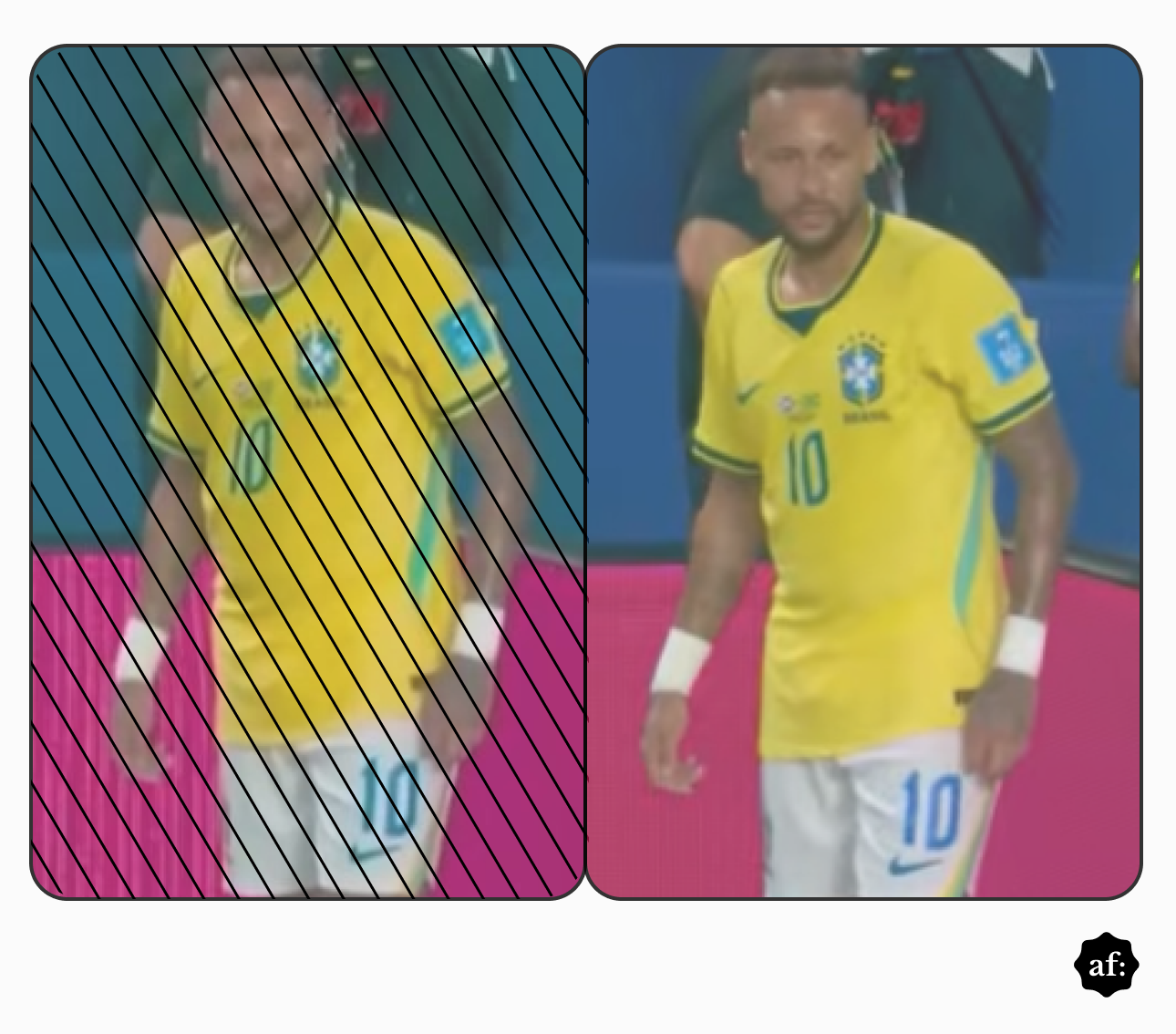 Uma imagem dividida em dois painéis verticais justapostos mostra o jogador de futebol Neymar — homem de pele clara, com cabelos e barba curtos e escuros —, vestindo o uniforme da seleção brasileira, composto por camisa amarela com o escudo da CBF e o número '10' em verde, calção branco com o número '10' em azul e munhequeiras brancas em ambos os pulsos. No painel da esquerda, a imagem está recoberta por finas linhas diagonais pretas e a figura do homem parece estar levemente distorcida horizontalmente, tendo ao fundo uma área superior azul e uma faixa inferior rosa brilhante. O painel da direita exibe a mesma fotografia em suas proporções normais e sem as linhas diagonais sobrepostas. No canto inferior direito da composição geral, sobre um fundo claro, há um pequeno círculo preto contendo as letras minúsculas 'af.' em branco. 
