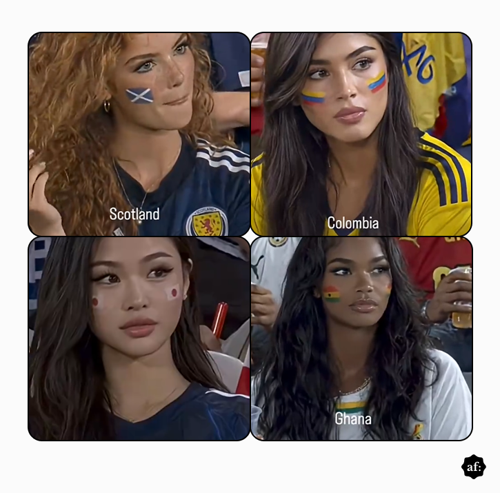 Uma imagem exibe uma composição de quatro fotografias dispostas em grade, retratando mulheres em formato de retrato com pinturas faciais de bandeiras. No quadro superior esquerdo, uma mulher de pele clara e cabelos longos, ruivos e cacheados, usando uma camisa azul-escura com listras brancas nos ombros e um escudo amarelo, tem a bandeira da Escócia pintada na bochecha direita, acompanhada do texto 'Scotland' na base. No quadro superior direito, uma mulher de pele clara e cabelos longos e lisos escuros veste uma camisa amarela com listras azuis nos ombros, com a bandeira da Colômbia pintada nas bochechas e a inscrição 'Colombia' abaixo. No quadro inferior esquerdo, uma mulher de pele clara e cabelos longos escuros, vestindo uma blusa azul-escura, exibe a bandeira do Japão nas bochechas, sem texto sobreposto. No quadro inferior direito, uma mulher de pele escura e cabelos longos e ondulados escuros, vestindo uma camisa branca, possui a bandeira de Gana pintada na bochecha direita, com a palavra 'Ghana' na base. No canto inferior direito da composição geral, sobre um fundo claro, há um pequeno círculo preto contendo as letras brancas 'af.'. 