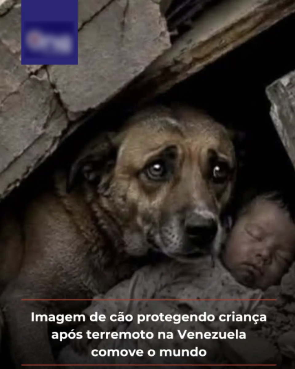 A imagem gerada por IA mostra um cachorro de porte médio, com pelagem marrom e focinho mais escuro, abrigado sob uma estrutura de concreto quebrada. O animal está deitado, voltado para a frente, com os olhos bem abertos e a cabeça levemente inclinada, ocupando a maior parte da cena. Ao lado dele, encostado em seu corpo, há um bebê de olhos fechados, aparentando estar dormindo, vestido com uma roupa clara de mangas compridas. Ao redor dos dois há pedaços de concreto, entulho e partes de uma estrutura danificada, formando um espaço estreito e escuro onde estão abrigados. Na parte inferior da imagem há uma faixa de texto em branco, delimitada por duas linhas finas alaranjadas, com a frase: 'Imagem de cão protegendo criança após terremoto na Venezuela comove o mundo'.