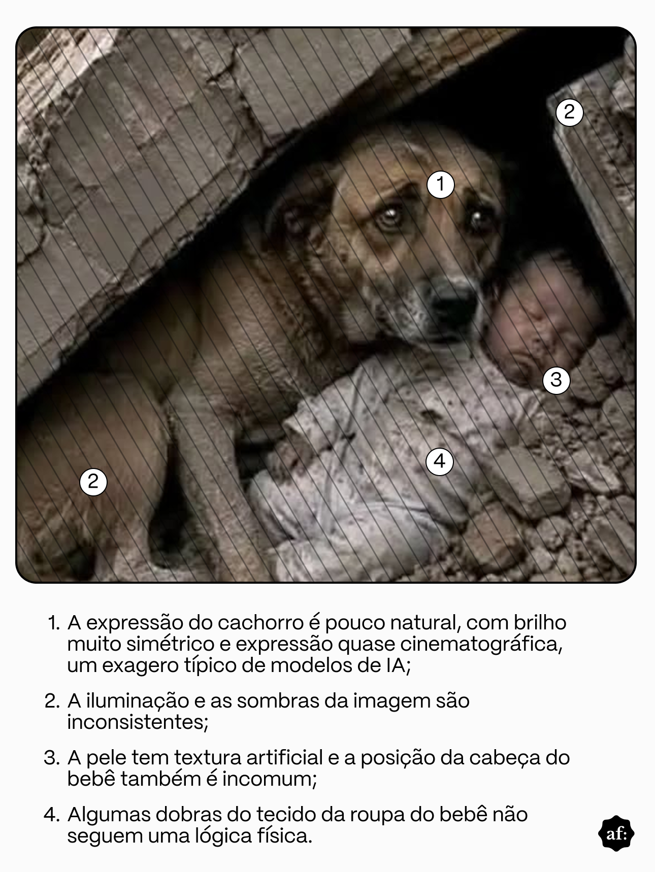 A imagem é composta por uma fotografia na parte superior e um bloco de texto explicativo na parte inferior. Na fotografia, um cachorro de porte médio, com pelagem marrom e focinho escuro, está deitado sob uma estrutura de concreto quebrada. O animal ocupa a maior parte da cena, voltado para a frente, com os olhos abertos. Ao lado dele há um bebê de olhos fechados, deitado entre os escombros e vestido com uma roupa clara de mangas compridas. Grandes placas de concreto formam um abrigo sobre os dois, enquanto pedras, rachaduras e fragmentos de alvenaria aparecem ao redor. Sobre a fotografia há quatro círculos numerados em branco, posicionados sobre diferentes áreas da imagem, e uma malha de linhas diagonais escuras cobre toda a foto. Abaixo da fotografia há uma lista numerada com quatro itens em texto preto sobre fundo branco. O primeiro diz: 'A expressão do cachorro é pouco natural, com brilho muito simétrico e expressão quase cinematográfica, um exagero típico de modelos de IA;'. O segundo diz: 'A iluminação e as sombras da imagem são inconsistentes;'. O terceiro diz: 'A pele tem textura artificial e a posição da cabeça do bebê também é incomum;'. O quarto diz: 'Algumas dobras do tecido da roupa do bebê não seguem uma lógica física.'. No canto inferior direito da imagem há um pequeno logotipo preto com as letras 'af'.