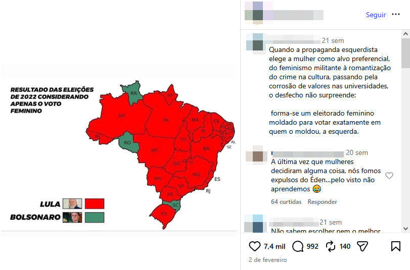 Uma captura de tela de uma postagem de rede social exibe uma composição dividida em duas partes principais. À esquerda, sobre um fundo branco, há um mapa do Brasil encabeçado pelo texto em letras maiúsculas e pretas: 'RESULTADO DAS ELEIÇÕES DE 2022 CONSIDERANDO APENAS O VOTO FEMININO'. No mapa, a grande maioria dos estados está colorida de vermelho, com exceção de apenas três que aparecem em verde: Roraima (RR), Rondônia (RO) e Santa Catarina (SC). No canto inferior esquerdo, uma legenda mostra a palavra 'LULA' ao lado de uma foto em miniatura do rosto do político e um retângulo vermelho; logo abaixo, a palavra 'BOLSONARO' aparece ao lado de uma foto em miniatura do rosto do político e um retângulo verde. À direita, vê-se a seção de comentários da postagem. Na parte inferior, ícones indicam 7,4 mil curtidas, 992 comentários e 140 compartilhamentos, seguidos da data '2 de fevereiro'.