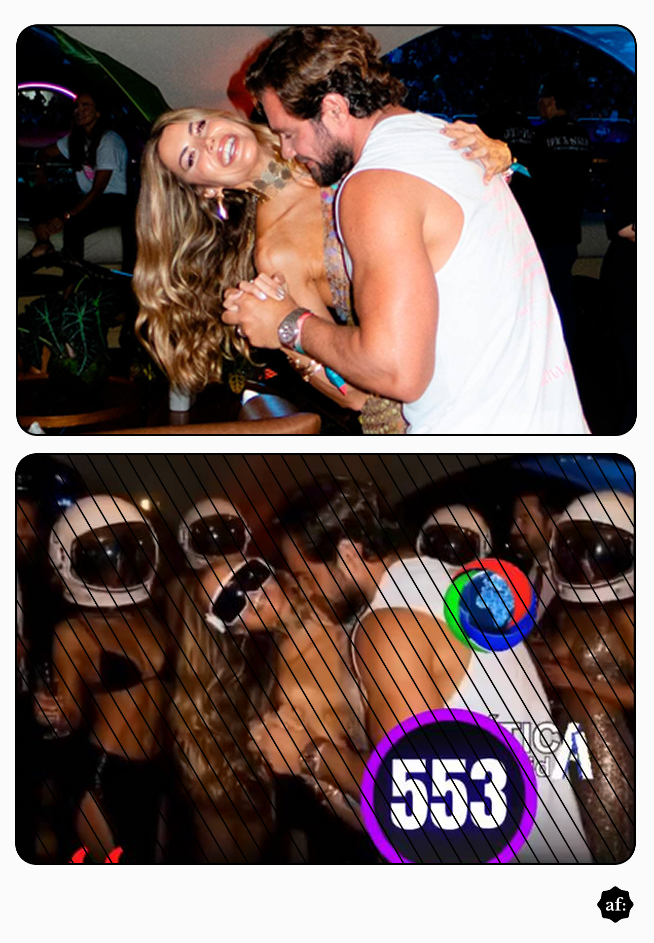 Uma imagem apresenta uma montagem com duas fotografias de bordas arredondadas dispostas verticalmente. A fotografia superior, com boa iluminação e nitidez, mostra um casal dançando de forma íntima em um ambiente de festa. O homem, de barba e camiseta regata branca, está de perfil, com o rosto inclinado próximo ao pescoço da mulher, enquanto segura as mãos dela. A mulher, de longos cabelos loiros, usa uma gargantilha brilhante e um traje dourado decotado; ela se inclina para trás, exibindo um largo sorriso em direção à câmera. Ao fundo, observam-se folhas verdes e outras pessoas no ambiente com pouca luz. A fotografia inferior exibe uma versão manipulada, distorcida e escurecida da mesma cena. O casal central mantém a pose principal, porém a mulher agora aparece usando grandes óculos escuros de modelo cibernético. Ao redor deles, foram inseridas figuras de mulheres vestindo trajes pretos (como biquínis ou lingeries) e grandes capacetes brancos de astronauta com viseiras escuras. Toda a extensão dessa imagem inferior é recoberta por um padrão de finas linhas pretas diagonais.