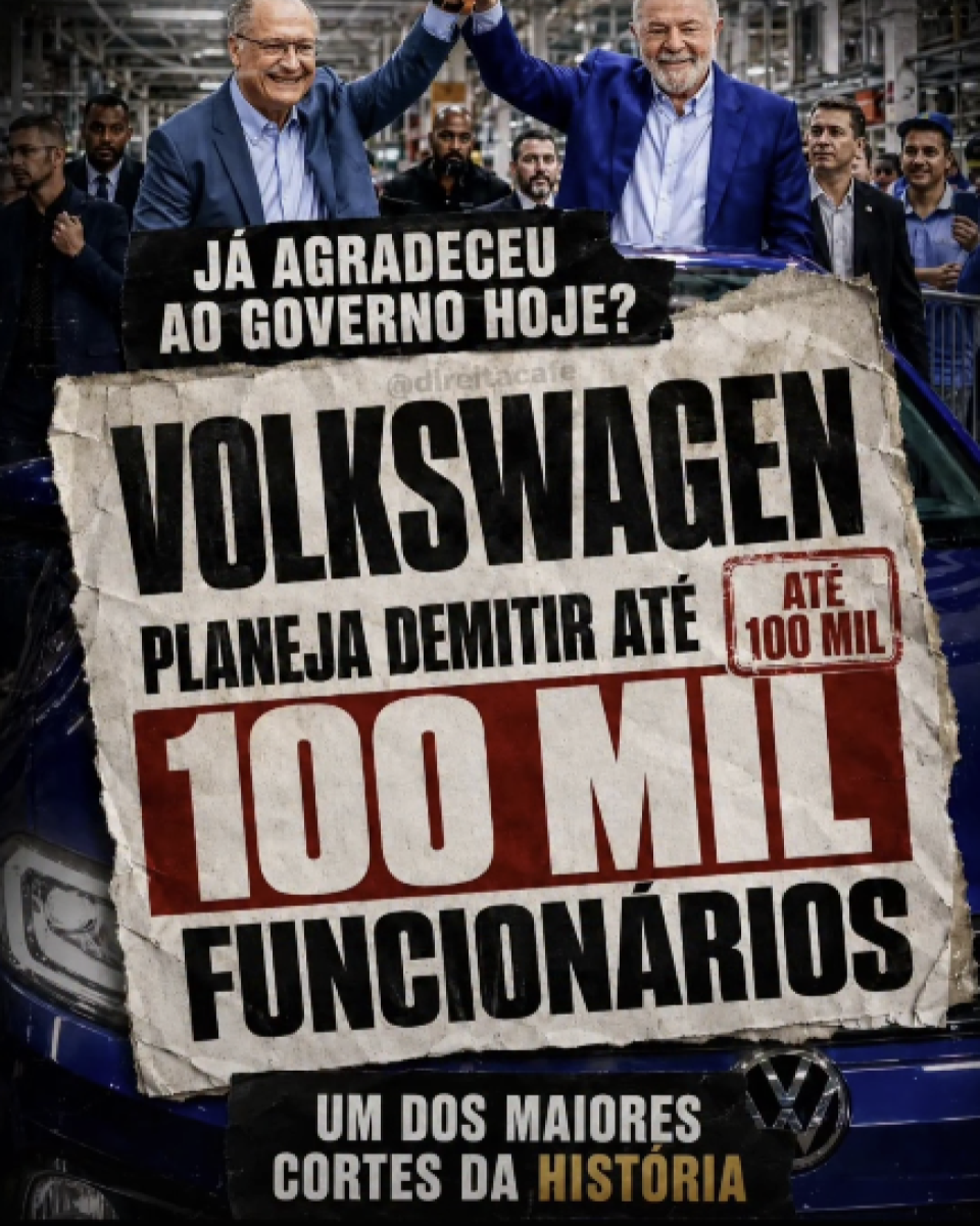 Montagem gráfica composta por uma fotografia ao fundo e um grande cartaz sobreposto no centro. Na parte superior da fotografia aparecem o presidente Lula e o vice-presidente Geraldo Alckmin. Ambos estão de terno, sorrindo, de braços erguidos e com as mãos unidas acima da cabeça. Ao fundo há outras pessoas observando a cena e estruturas metálicas industriais. Na parte inferior da imagem é possível ver parcialmente a dianteira de um automóvel azul, incluindo o logotipo da Volkswagen. Sobre a fotografia há um cartaz com aparência de papel envelhecido e rasgado. Na parte superior do cartaz, em uma faixa preta, está escrito: 'JÁ AGRADECEU AO GOVERNO HOJE?'. Logo abaixo aparece o texto: 'VOLKSWAGEN PLANEJA DEMITIR ATÉ 100 MIL FUNCIONÁRIOS'. Na parte inferior do cartaz há outra faixa preta com o texto: 'UM DOS MAIORES CORTES DA HISTÓRIA', sendo a palavra 'HISTÓRIA' destacada em amarelo. 