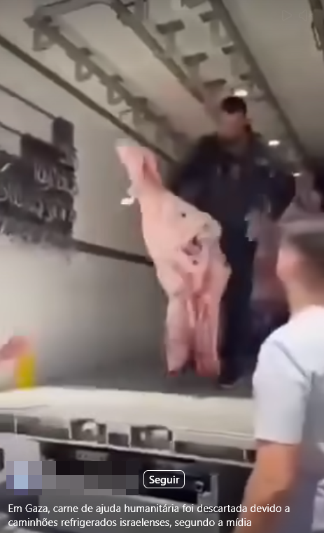 Uma captura de tela vertical de um vídeo exibe uma cena no interior do que aparenta ser um caminhão baú ou contêiner frigorífico, com trilhos no teto. Um homem vestindo roupas escuras está de pé no compartimento de carga, segurando e movimentando uma grande carcaça inteira de um animal cru, de coloração rosada. Em primeiro plano, à direita, vê-se parte de um homem de camiseta branca, de costas, que observa a cena voltado para cima em direção ao compartimento. Na base da imagem, há um botão delineado em branco com a palavra 'Seguir'. Logo abaixo dele, um texto em letras brancas exibe a legenda: 'Em Gaza, carne de ajuda humanitária foi descartada devido a caminhões refrigerados israelenses, segundo a mídia'. No canto inferior esquerdo, há uma área retangular borrada digitalmente, ocultando as informações do perfil que publicou o vídeo. 